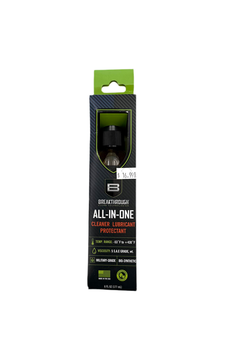 Breakthrough All-In-One Cleaner Lubricant Protectant in a spray bottle, showing the product label and nozzle.
