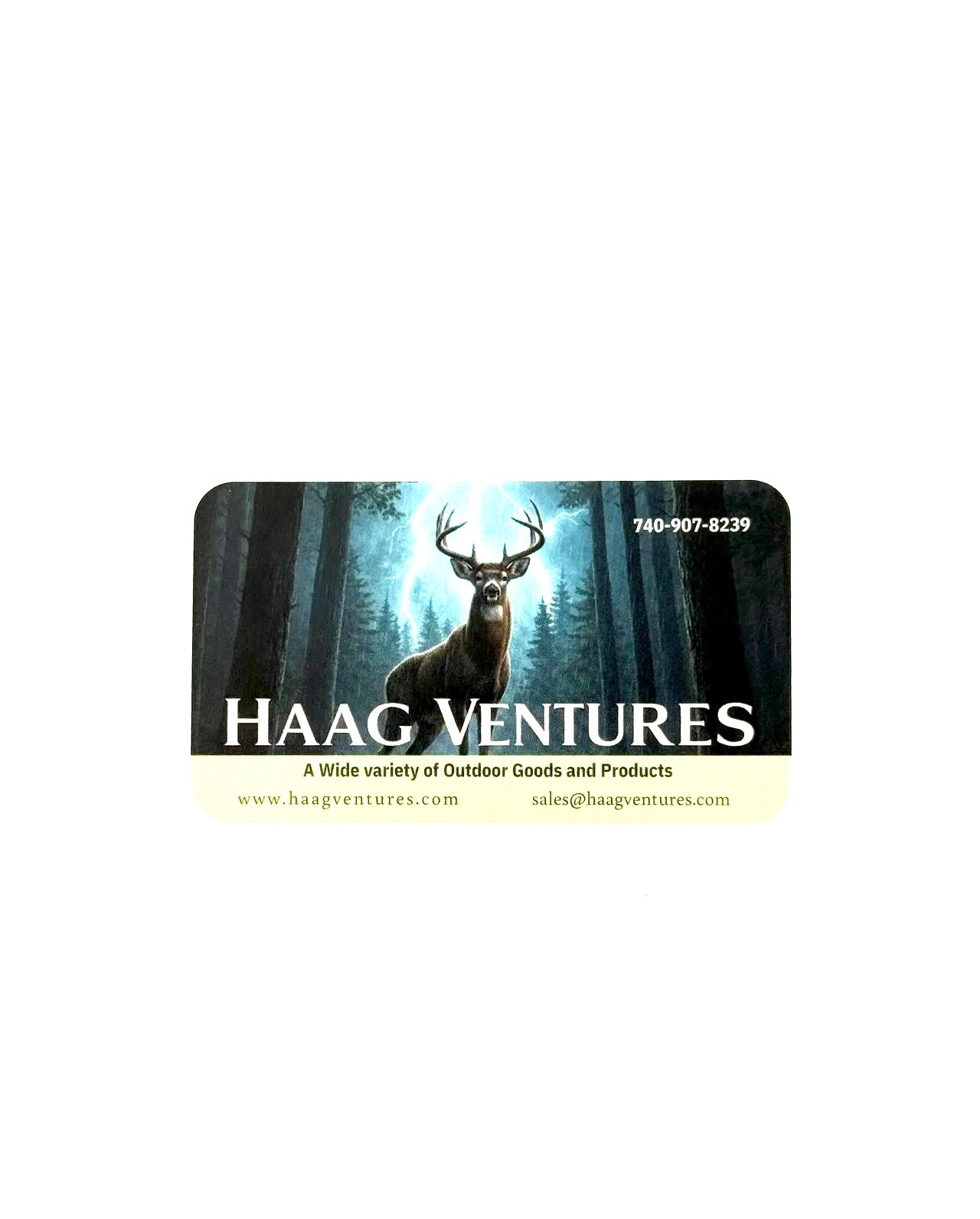 Gift card with a deer in a forest design and 'Haag Ventures' branding on a white background.