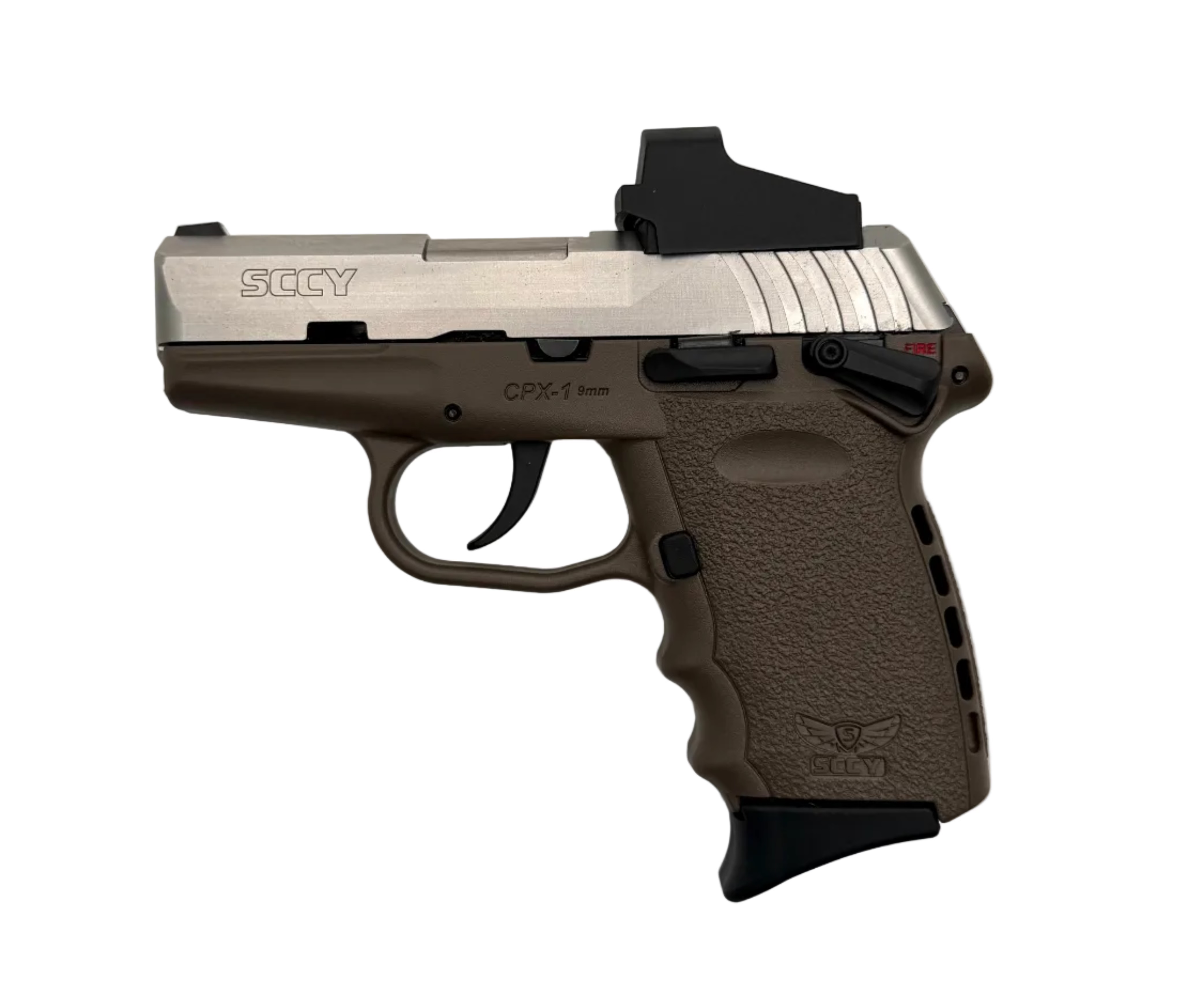 SCCY CPX-1 9mm semi-auto pistol with Crimson Trace red dot sight mounted, shown from side view.