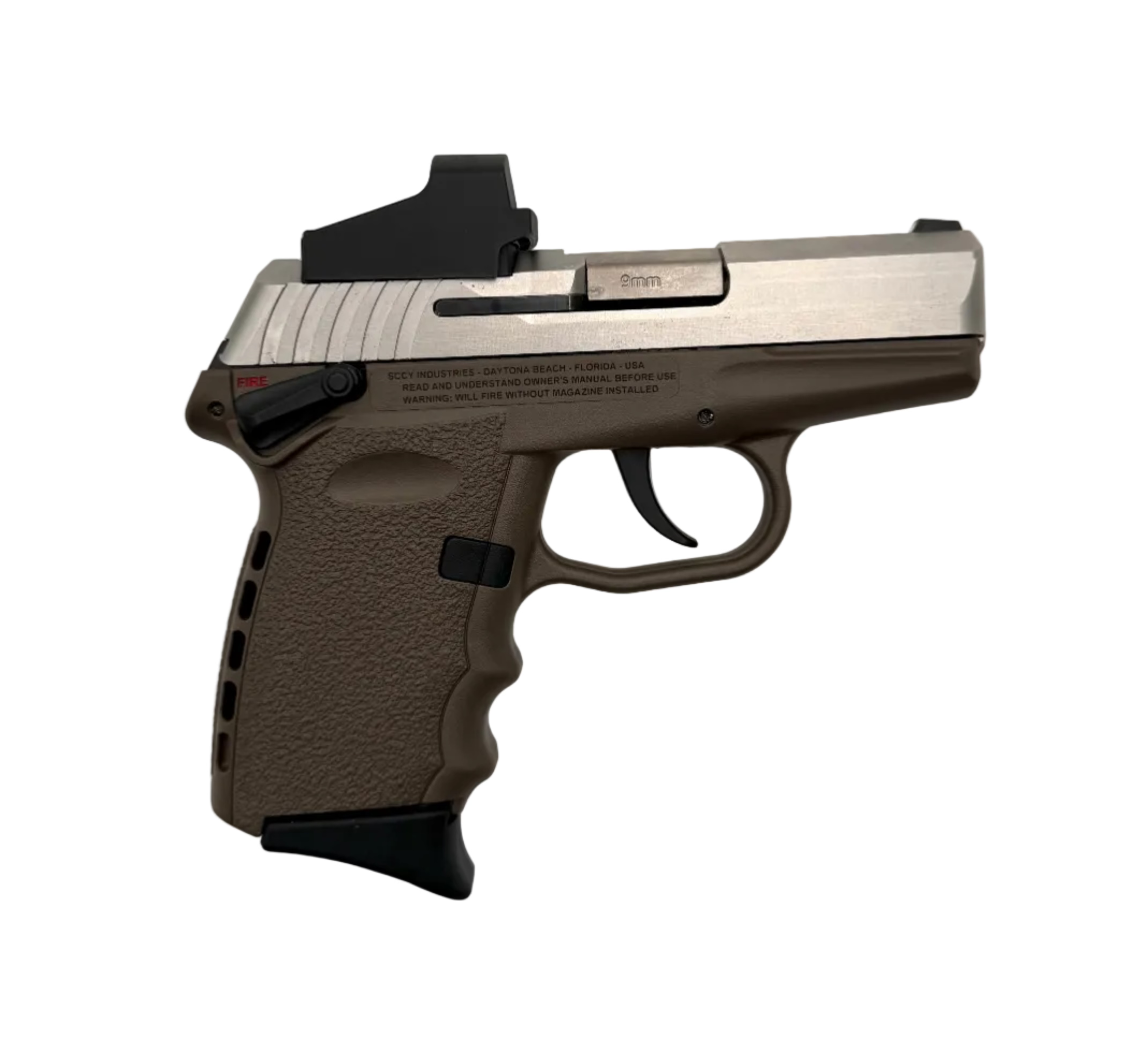 SCCY CPX-1 9mm semi-auto pistol with Crimson Trace red dot sight mounted on black polymer frame.