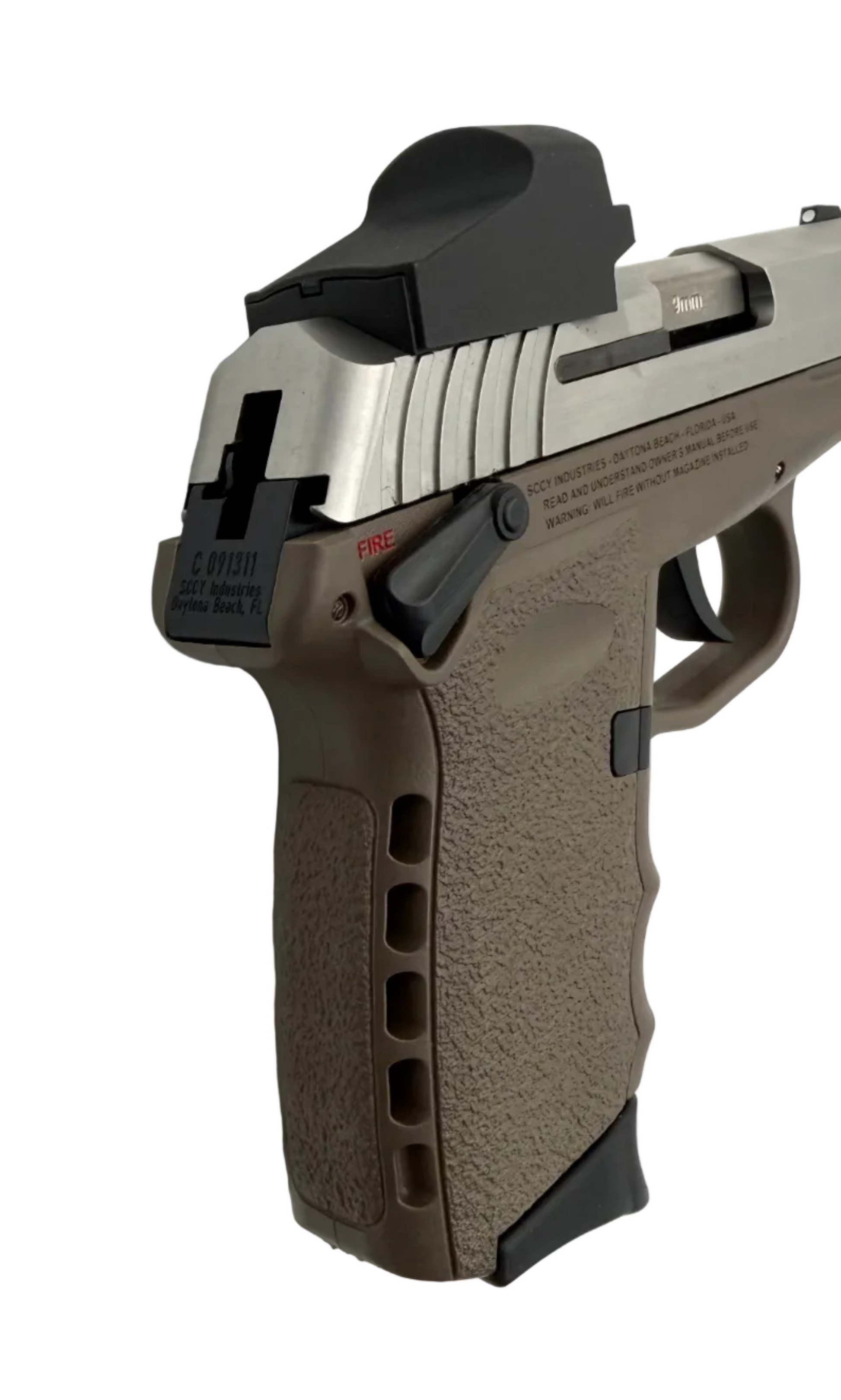 SCCY CPX-1 9mm semi-auto pistol with Crimson Trace red dot sight mounted on the slide, black polymer frame and metal barrel