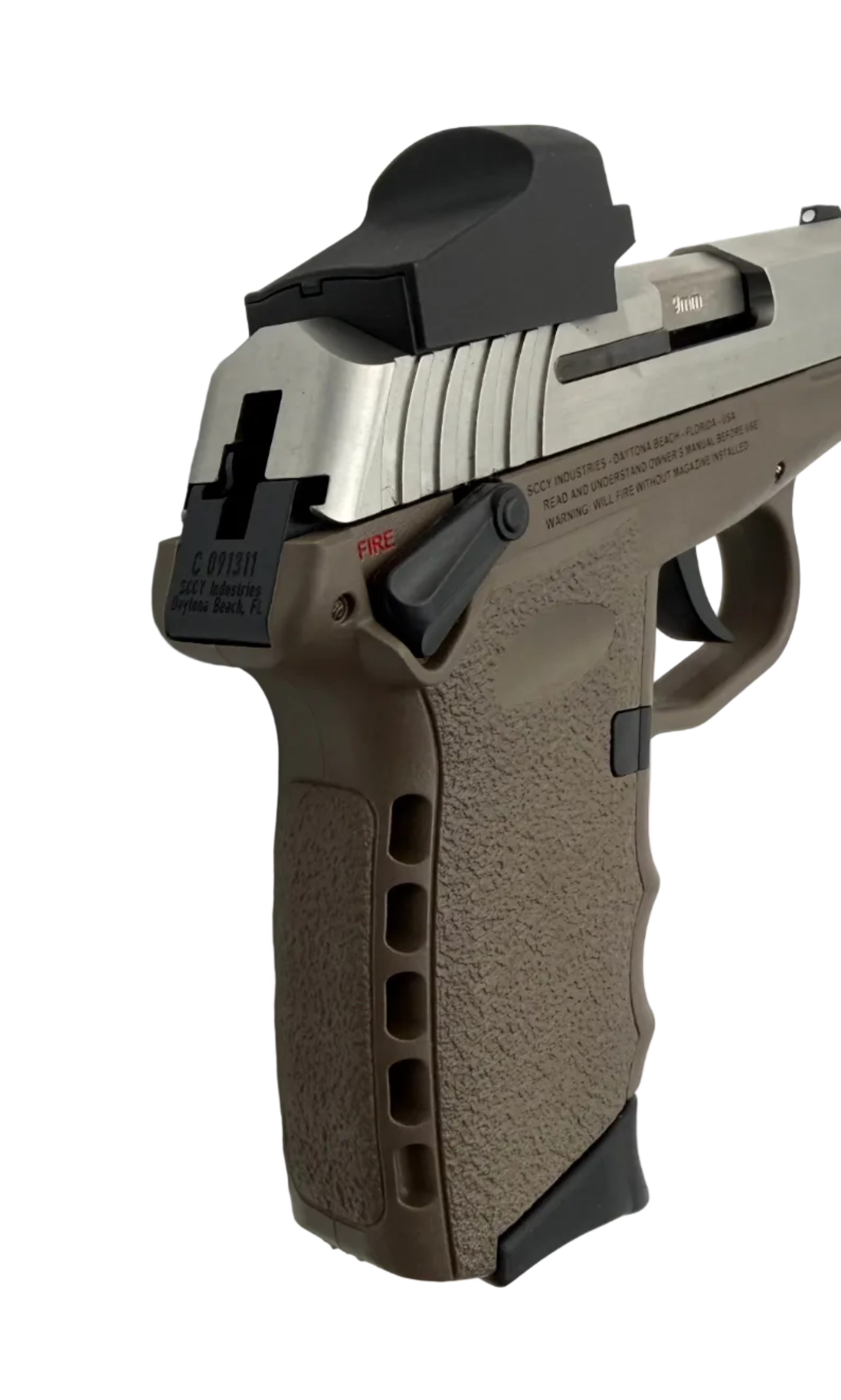 SCCY CPX-1 9mm semi-auto pistol with Crimson Trace red dot sight mounted on the slide, black polymer frame and metal barrel