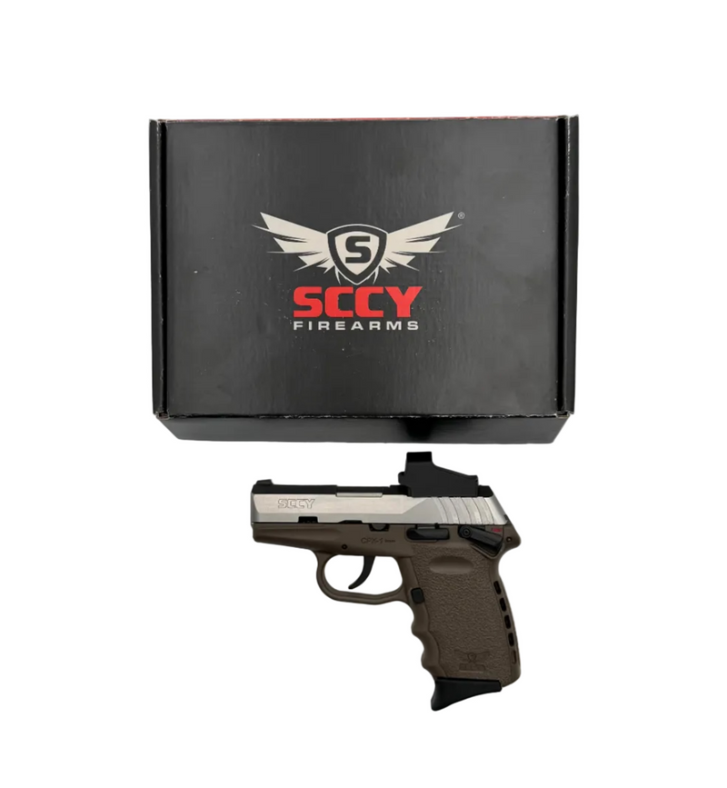 SCCY CPX-1 9mm semi-auto pistol with Crimson Trace red dot sight and black polymer grip, shown from side view.