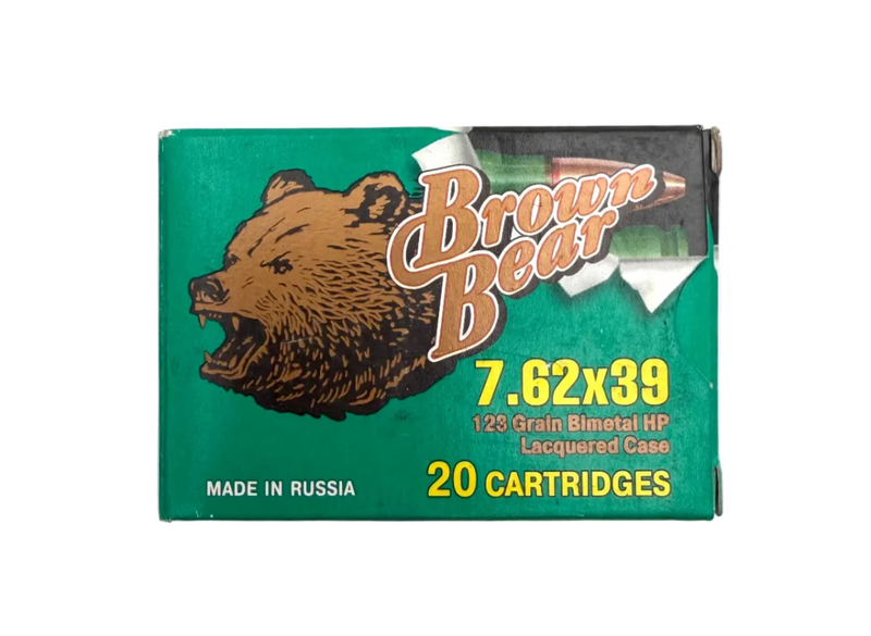 Brown Bear 7.62x39mm 123gr ammo box with 20 rounds, featuring brass casings and projectile details.