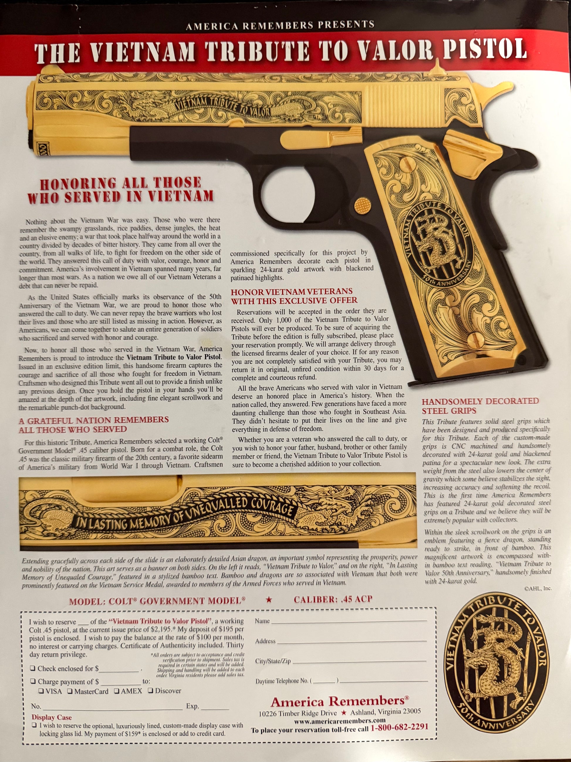 Colt Govt 70 Series 50th Anniversary Vietnam Tribute .45 ACP semi-auto pistol displayed with detailed engravings and classic design
