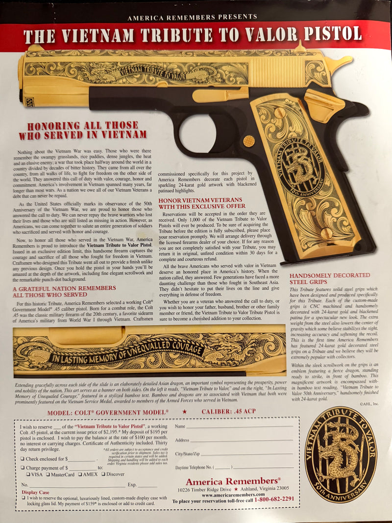 Colt Govt 70 Series 50th Anniversary Vietnam Tribute .45 ACP semi-auto pistol displayed with detailed engravings and classic design