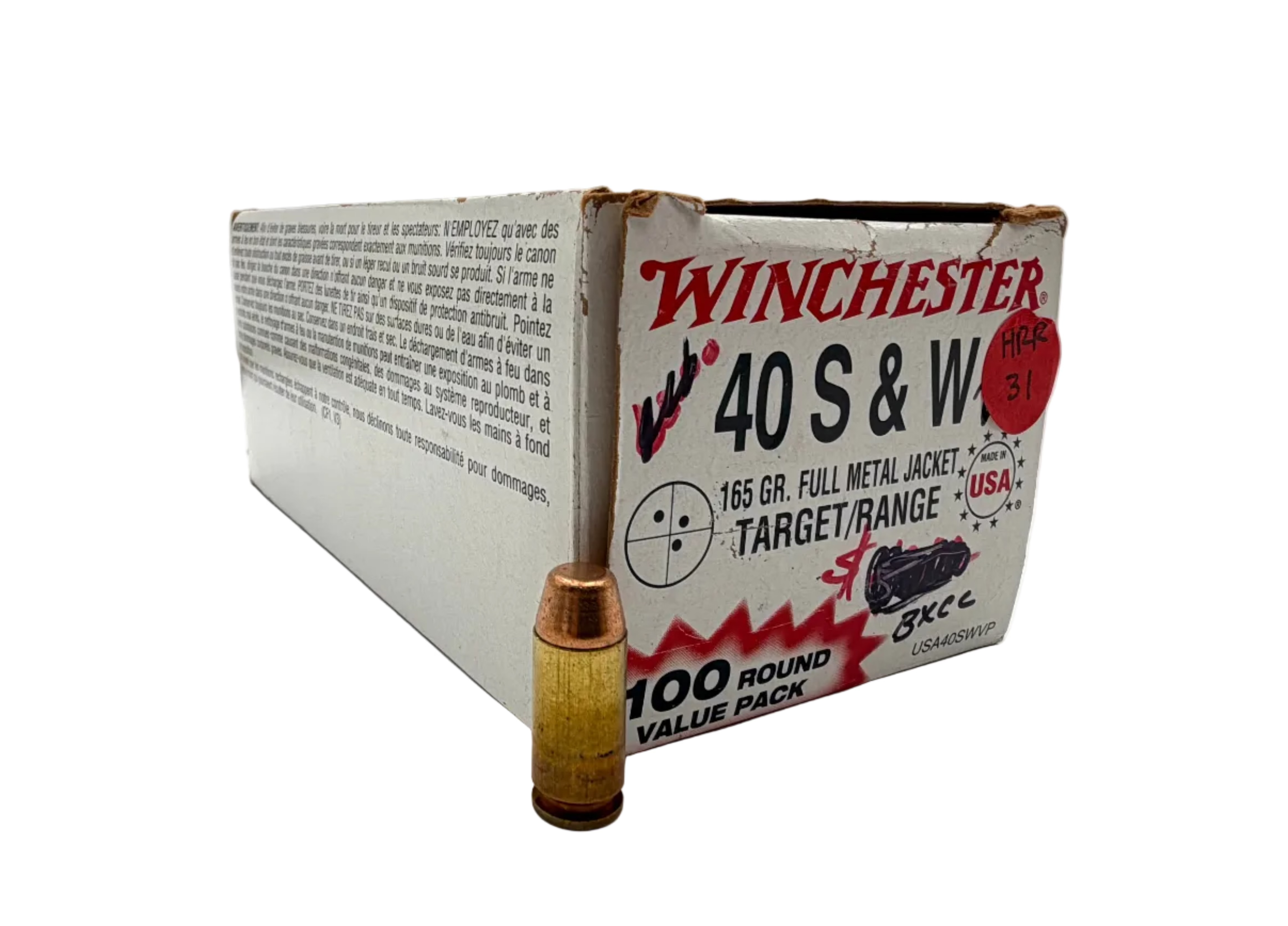 Winchester 40 S&W 165gr FMJ ammunition, 100-round box, featuring brass casings and full metal jacket bullets.