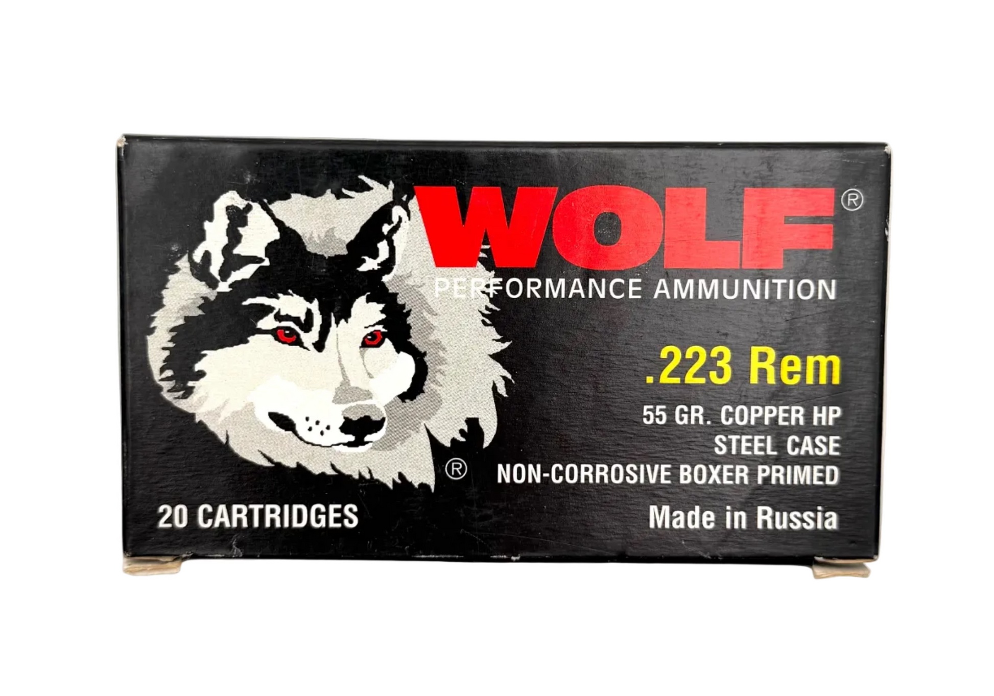 Wolf Performance Ammunition .223 Rem 55gr 20-round box, showing the rifle ammo with brass casings and bullet tips.