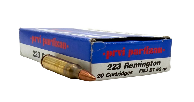PRVI Partizan .223 Remington 62gr FMJ ammo box with 20 rounds, showing the ammunition and packaging.
