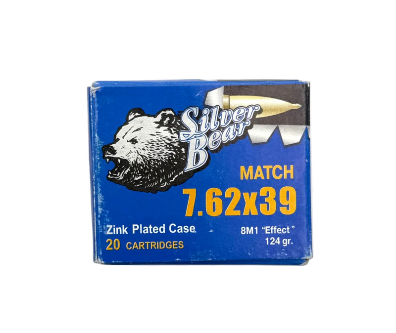 Silver Bear 7.62x39mm Match ammo with zinc-plated case, 124 grain, 20-round box, designed for precision shooting.