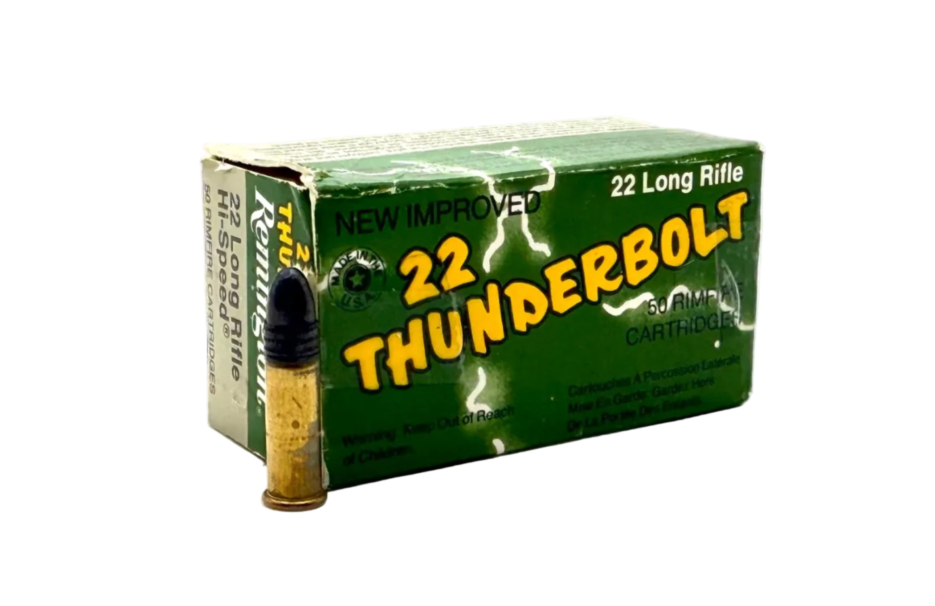 Remington Thunder Bolt .22 LR Hi-Speed ammunition, 50-round box, showing brass cartridges and packaging for small game or target shooting.
