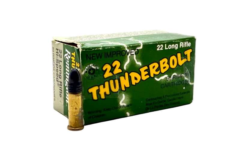 Remington Thunder Bolt .22 LR Hi-Speed ammunition, 50-round box, showing brass cartridges and packaging for small game or target shooting.