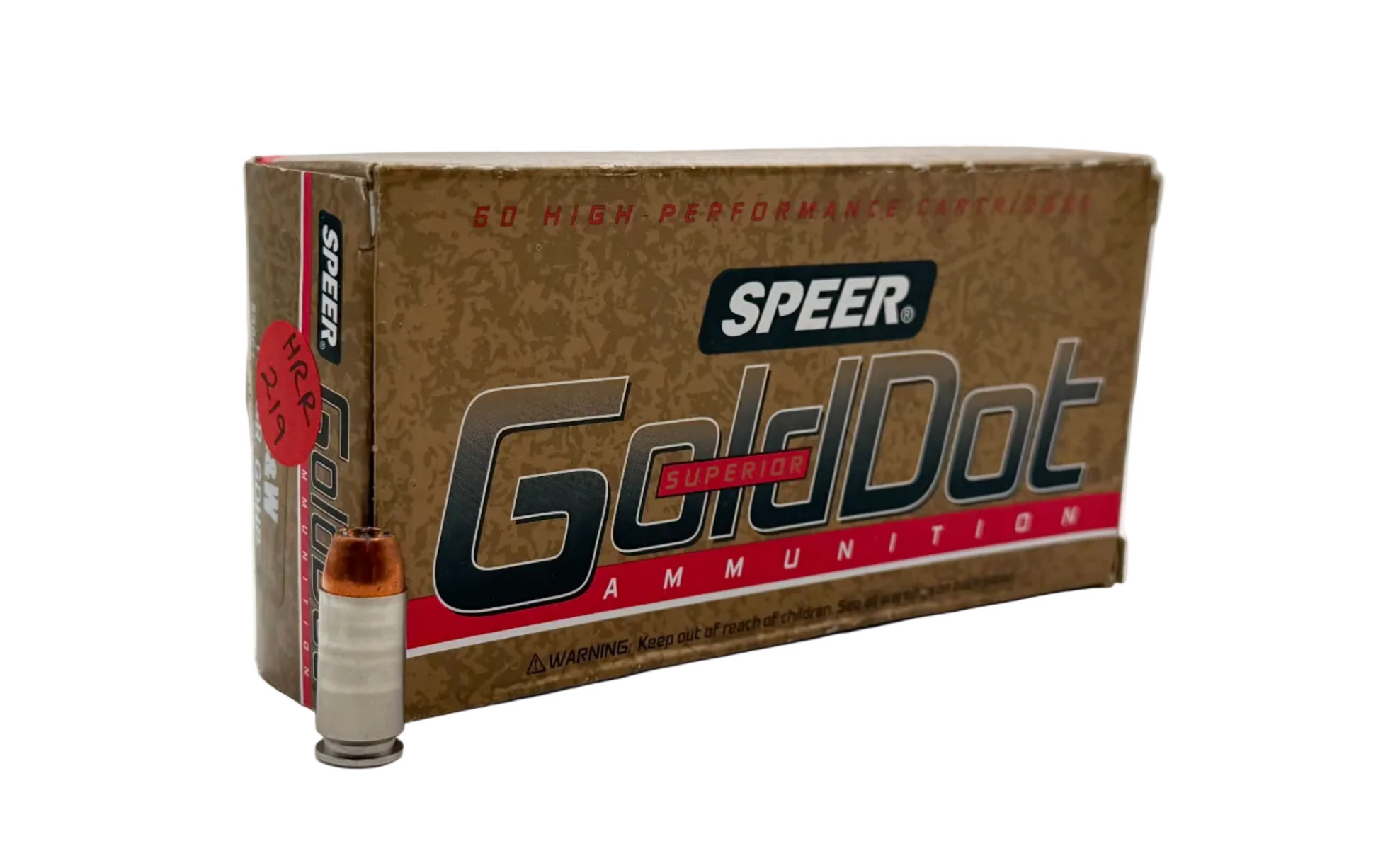 Speer Gold Dot 155gr 40 S&W GDHP ammunition box with 50 rounds, featuring black and gold packaging and round bullets.