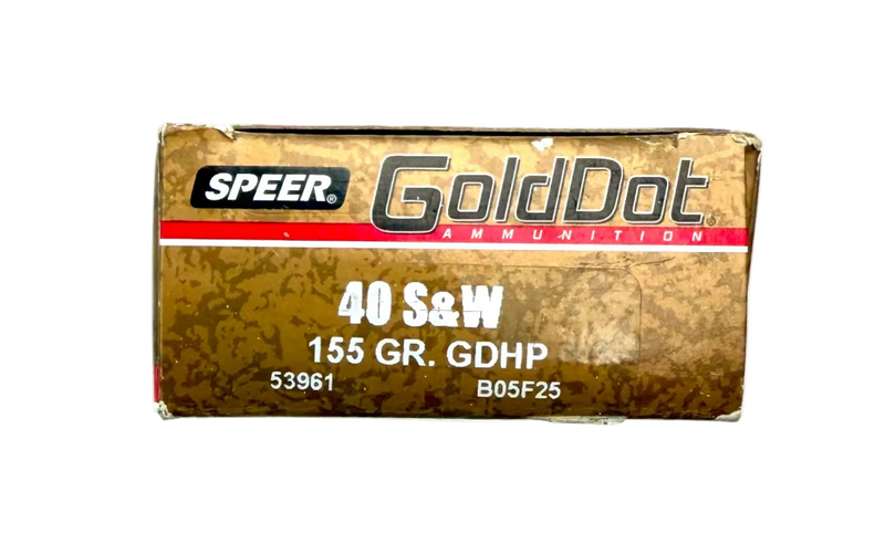 Speer Gold Dot 155gr 40 S&W GDHP ammunition box with 50 rounds, featuring brass casings and bullet tips for self-defense.