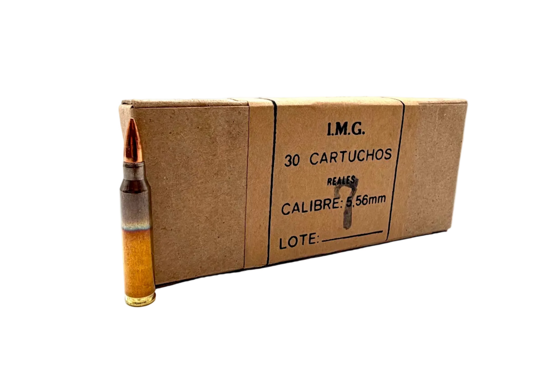 Image of a 30-count box of IMG 5.56x45mm ammunition, showing stacked metallic cartridges for rifles.