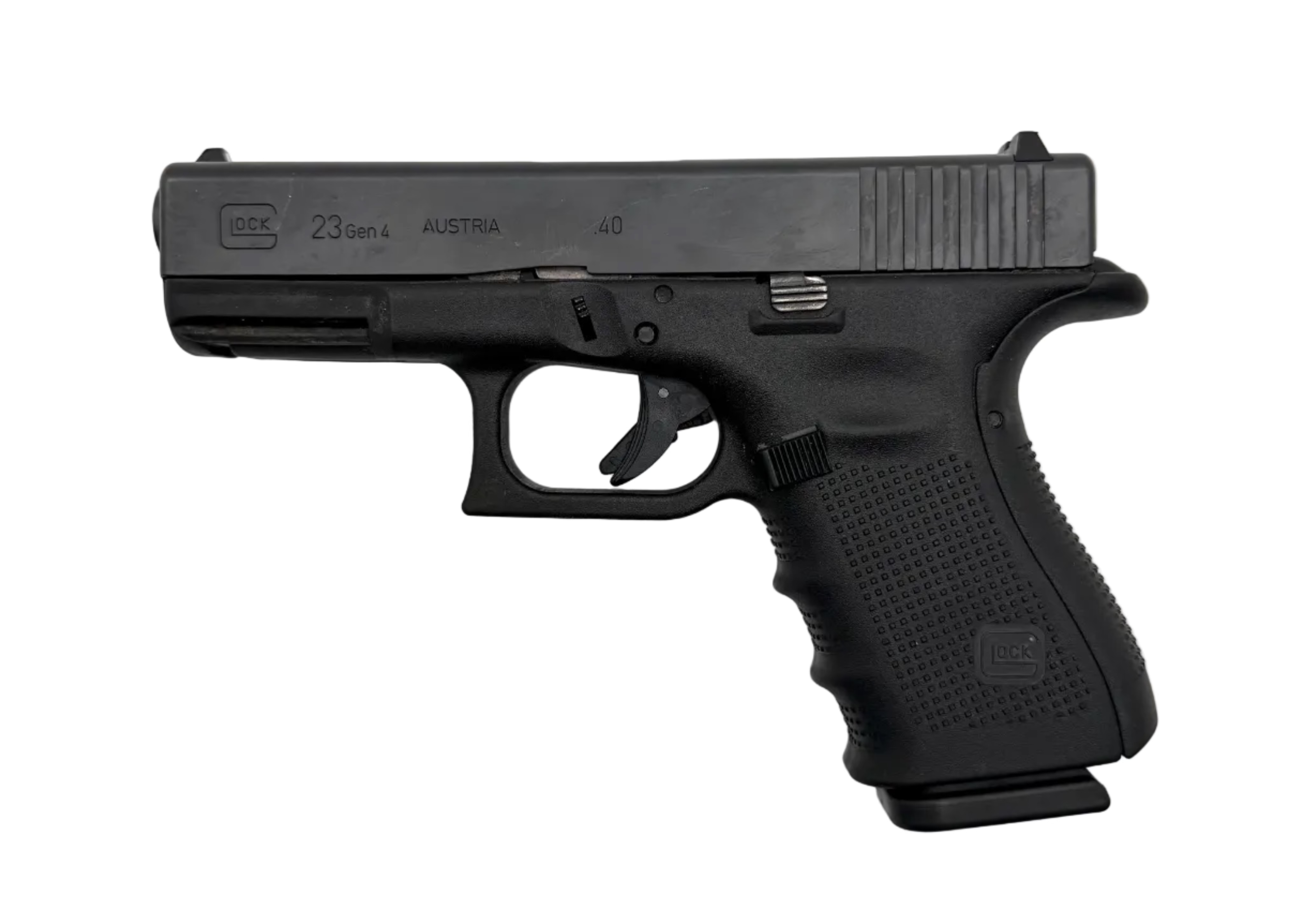Glock 23 Gen 4 semi-auto pistol in .40 S&W caliber, black polymer frame with textured grip and metal slide.