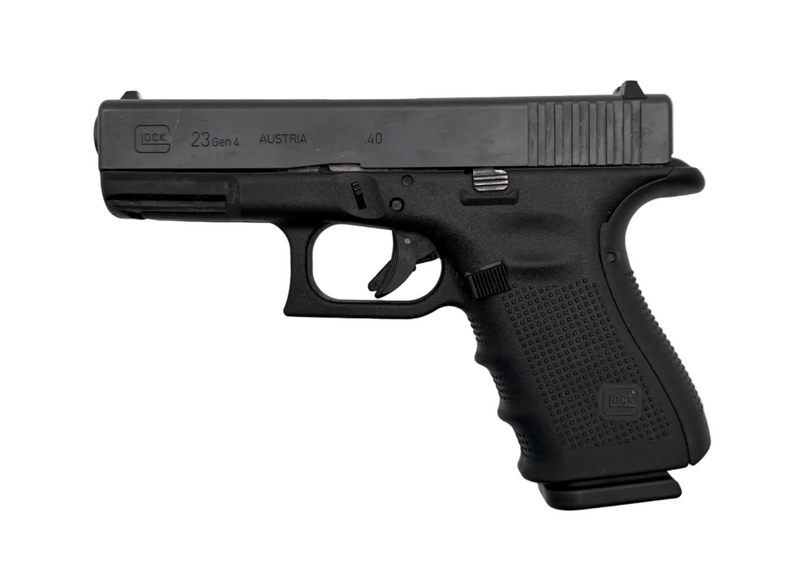 Glock 23 Gen 4 semi-auto pistol in .40 S&W caliber, black polymer frame with textured grip and metal slide.
