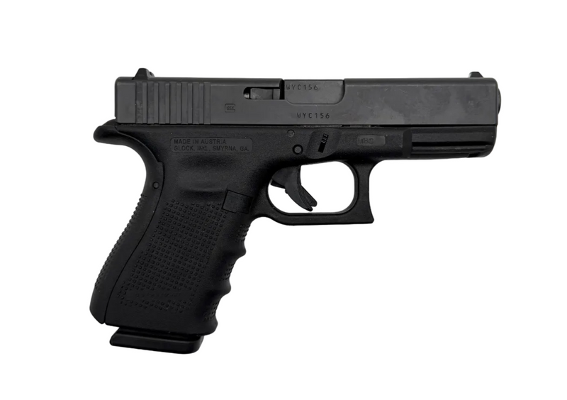 Glock 23 Gen 4 semi-auto pistol in black, featuring textured grip and slide, chambered in .40 S&W, on a neutral background.