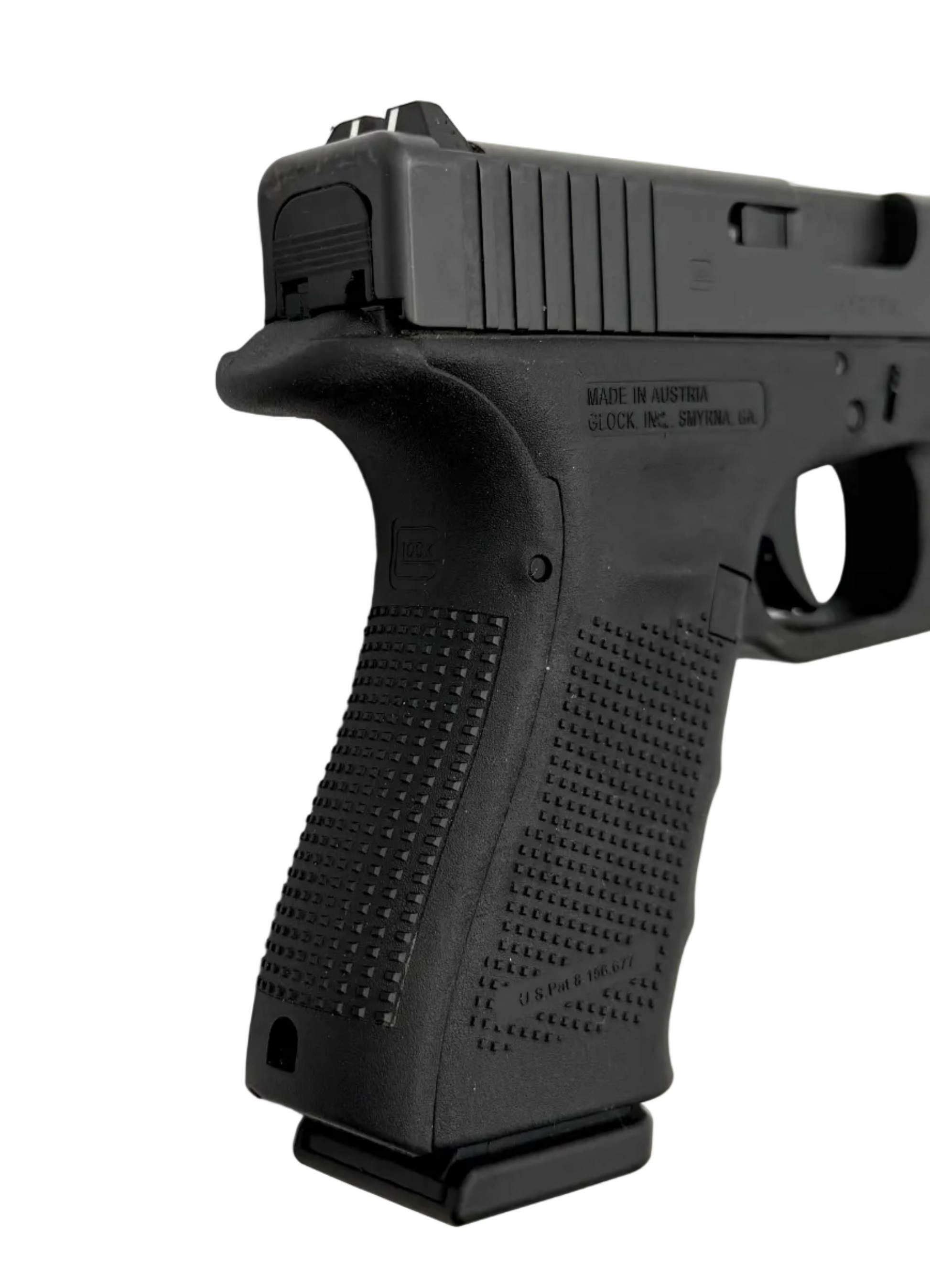 Glock 23 Gen 4 .40 S&W semi-auto pistol with black polymer frame and metal slide, shown from a side angle.