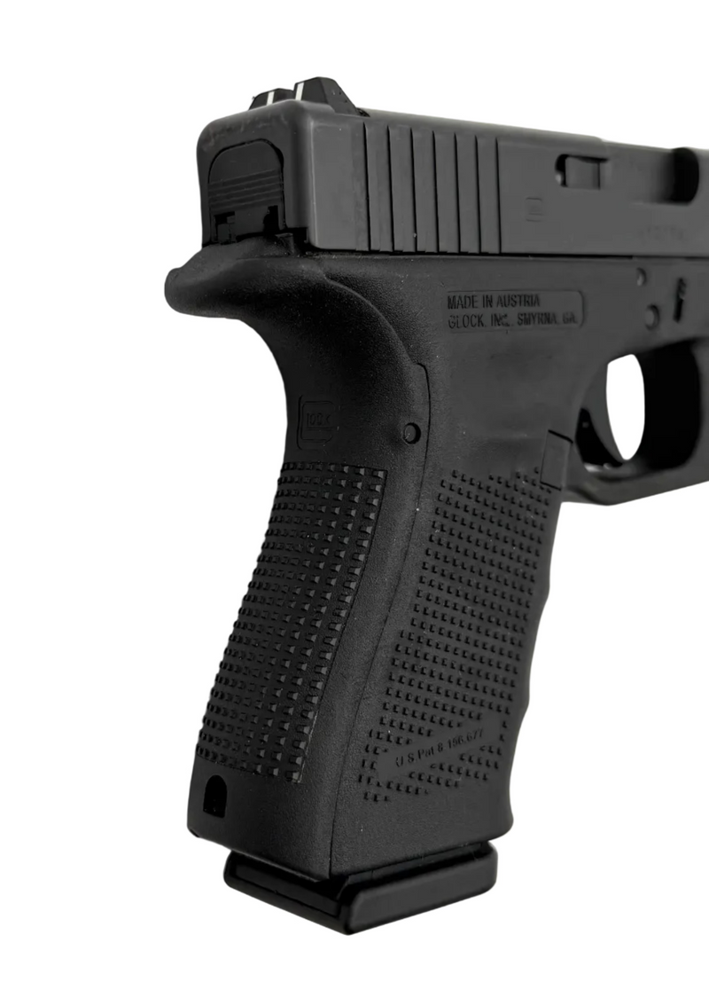 Glock 23 Gen 4 .40 S&W semi-auto pistol with black polymer frame and metal slide, shown from a side angle.