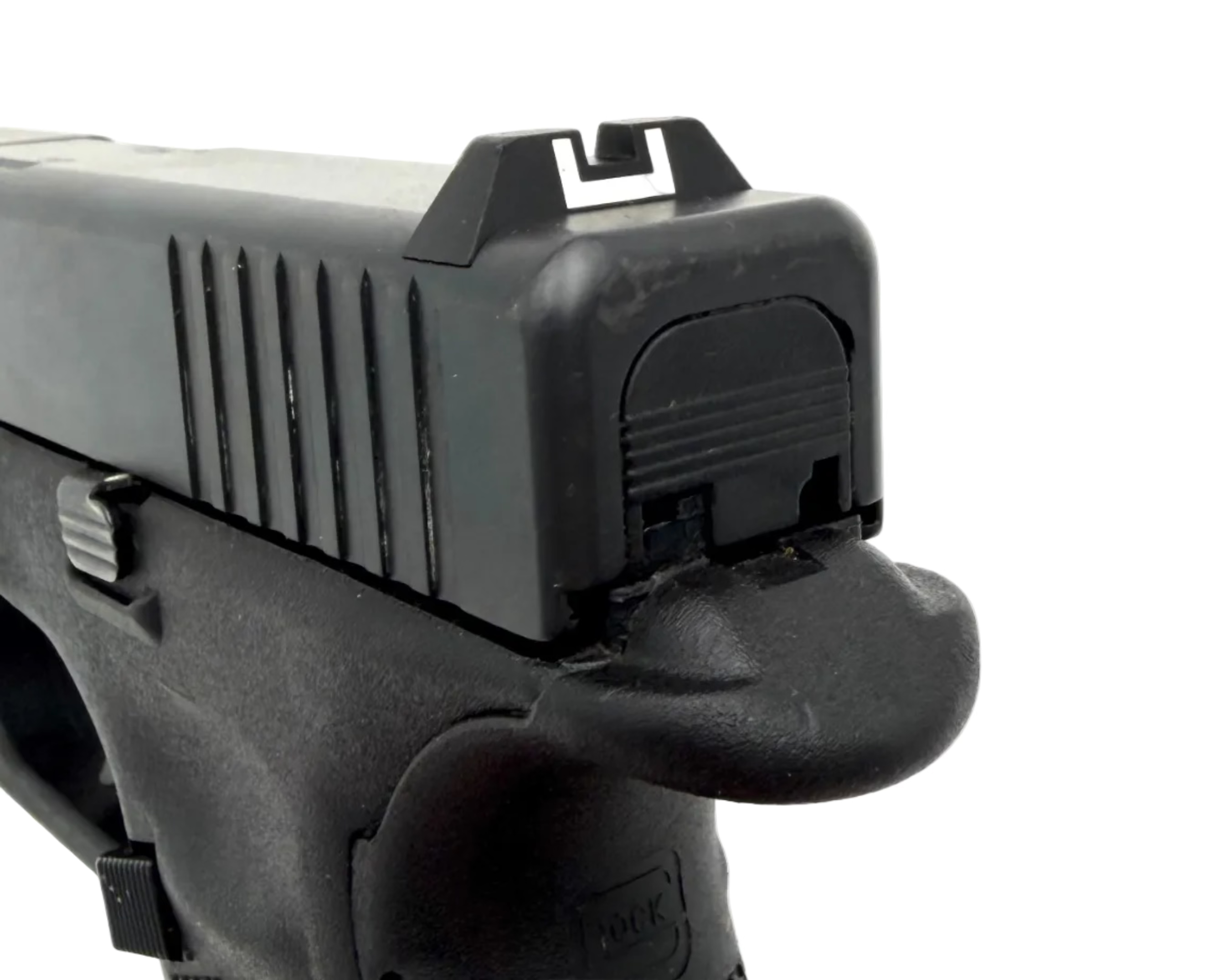 Glock 23 Gen 4 .40 S&W semi-auto pistol shown with black polymer frame and metal slide, firearm on a plain background.