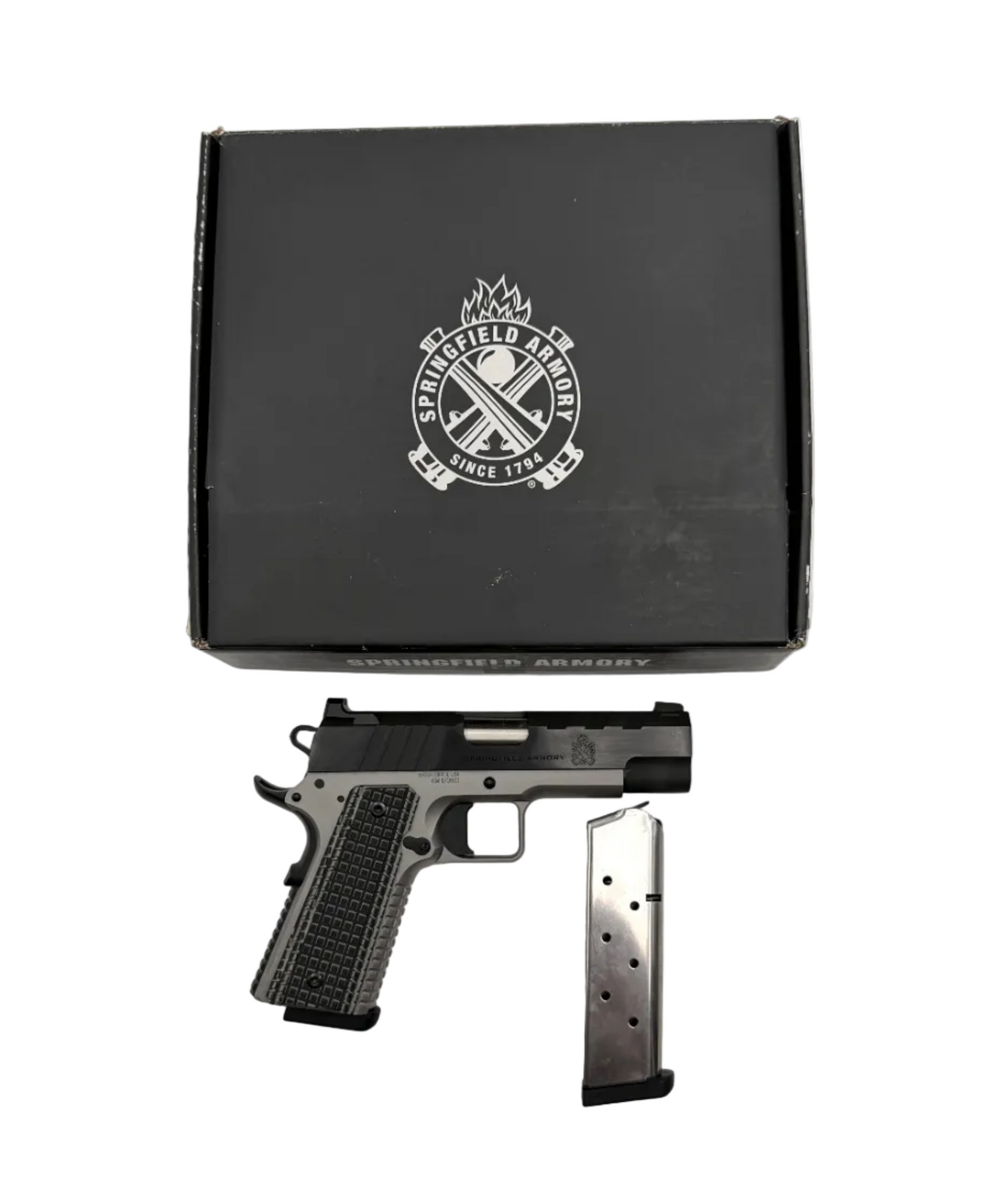 Springfield Armory Emissary .45 ACP semi-auto pistol with stainless steel slide and black grip, shown from a side view.