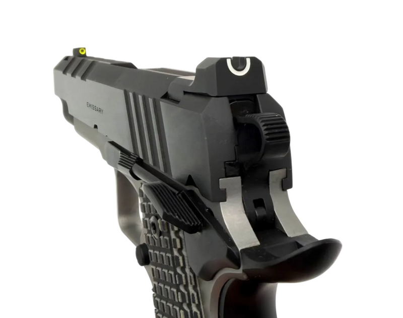 Springfield Armory Emissary .45 ACP semi-auto pistol with stainless steel slide and black polymer grip, shown from a side angle.