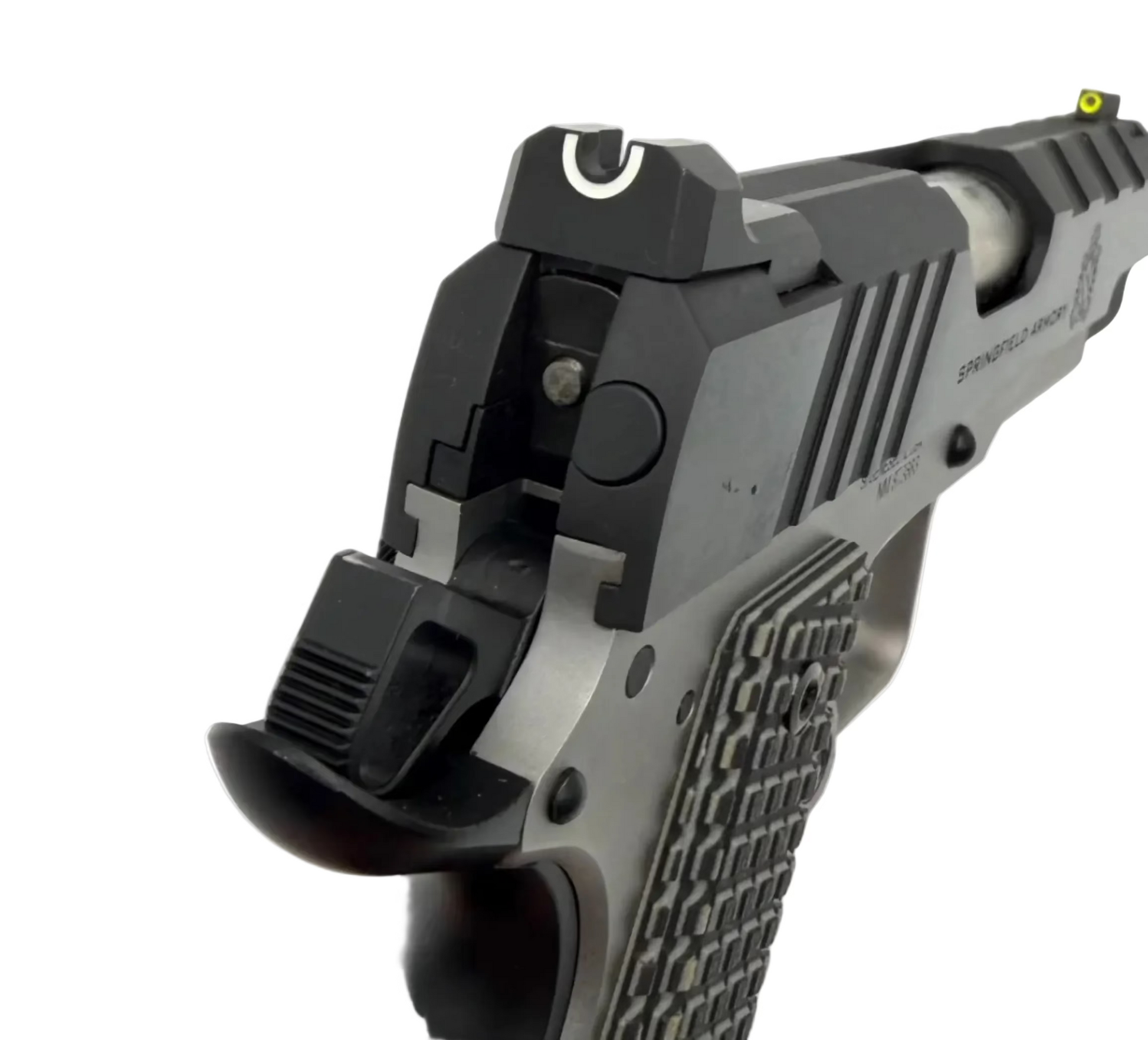 Springfield Armory Emissary .45 ACP semi-auto pistol with black finish, grip details, and slide in a close-up shot.
