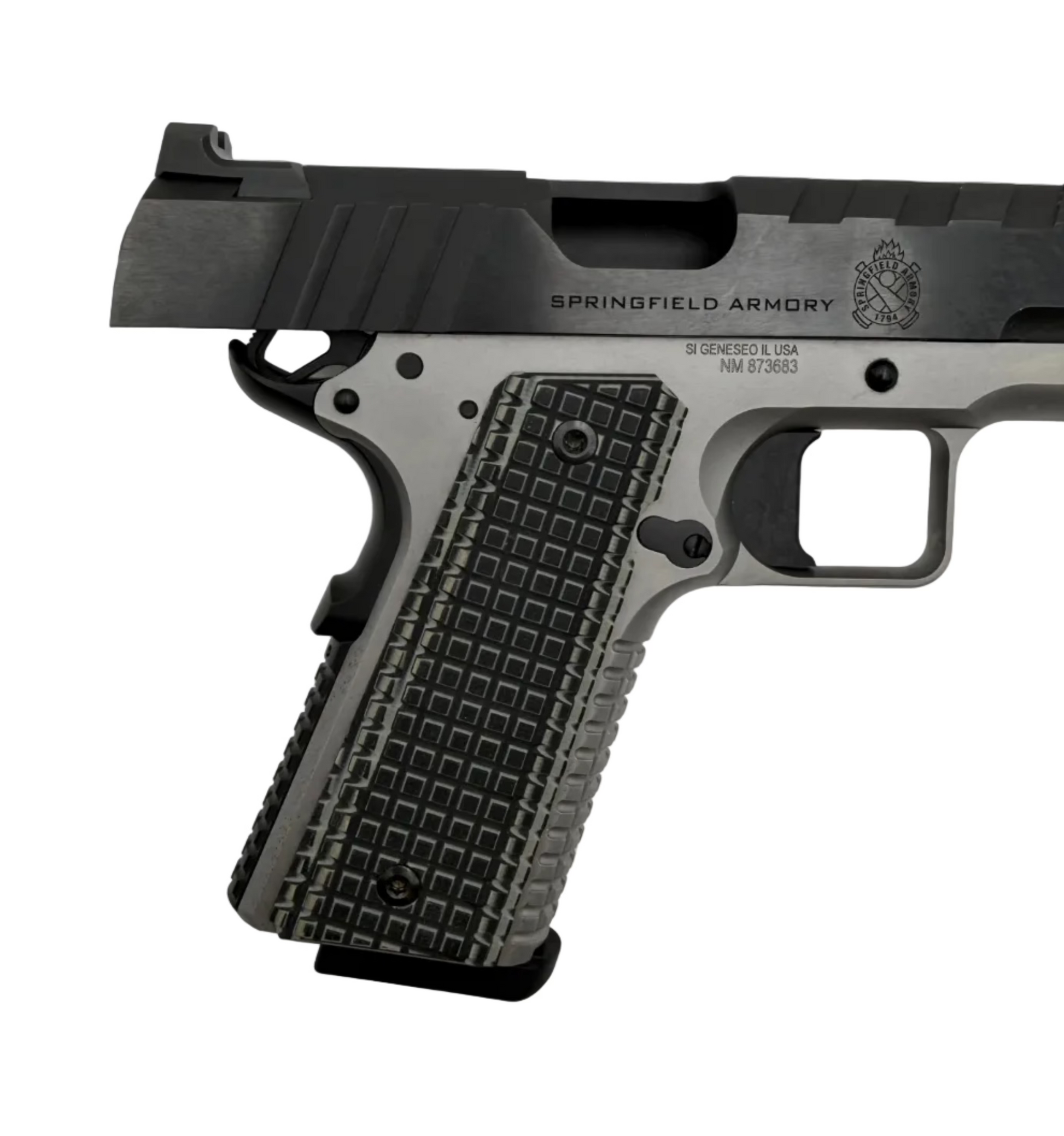 Springfield Armory Emissary .45 ACP semi-auto pistol with stainless steel slide and black polymer grip, shown from a side view.