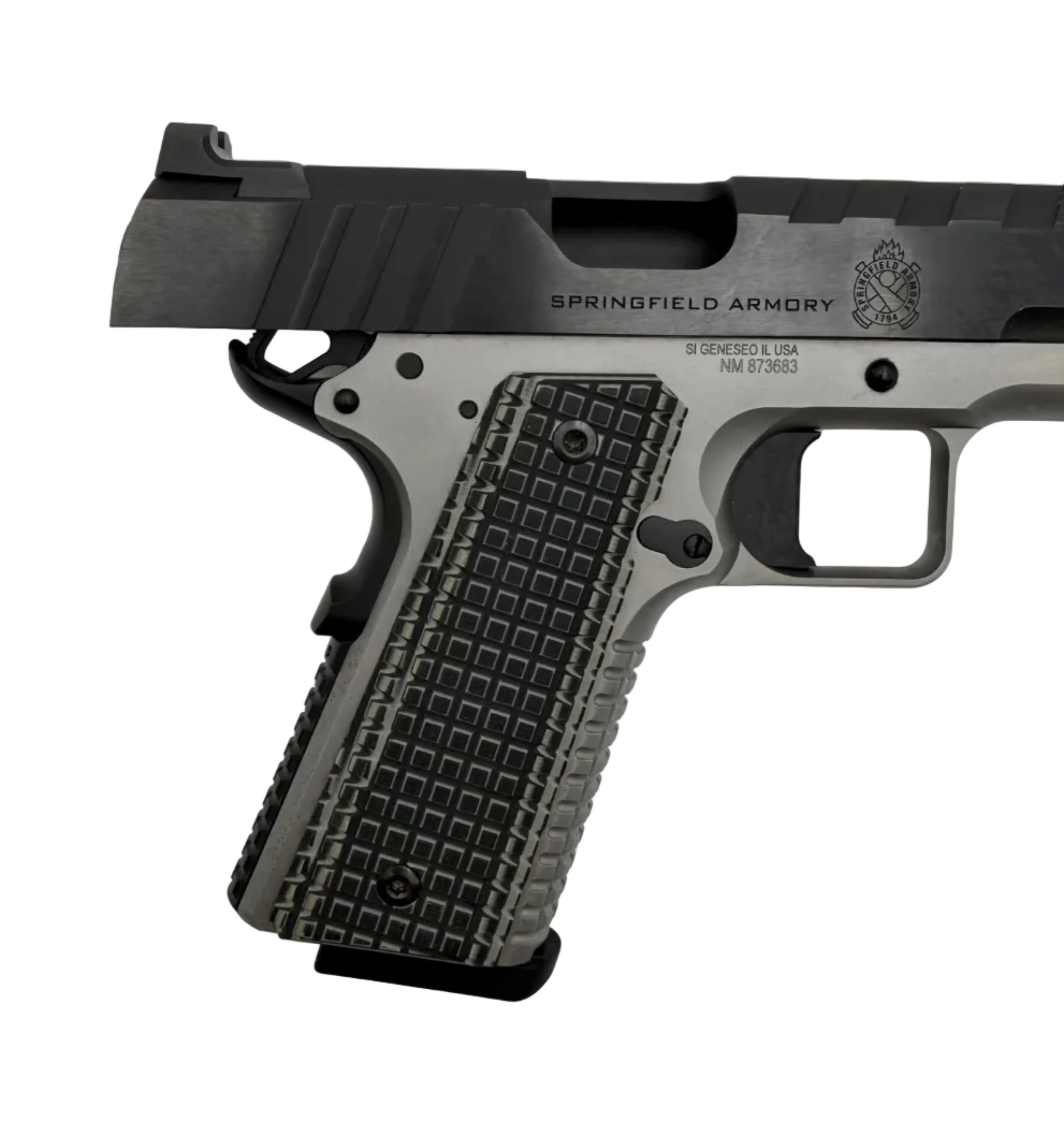 Springfield Armory Emissary .45 ACP semi-auto pistol with stainless steel slide and black polymer grip, shown from a side view.