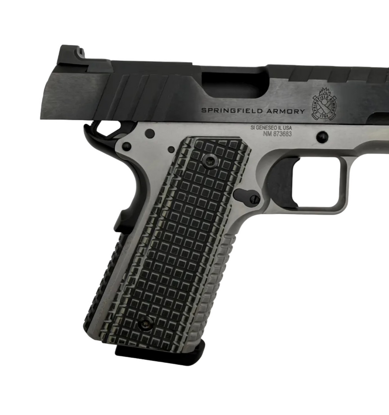 Springfield Armory Emissary .45 ACP semi-auto pistol with stainless steel slide and black polymer grip, shown from a side view.