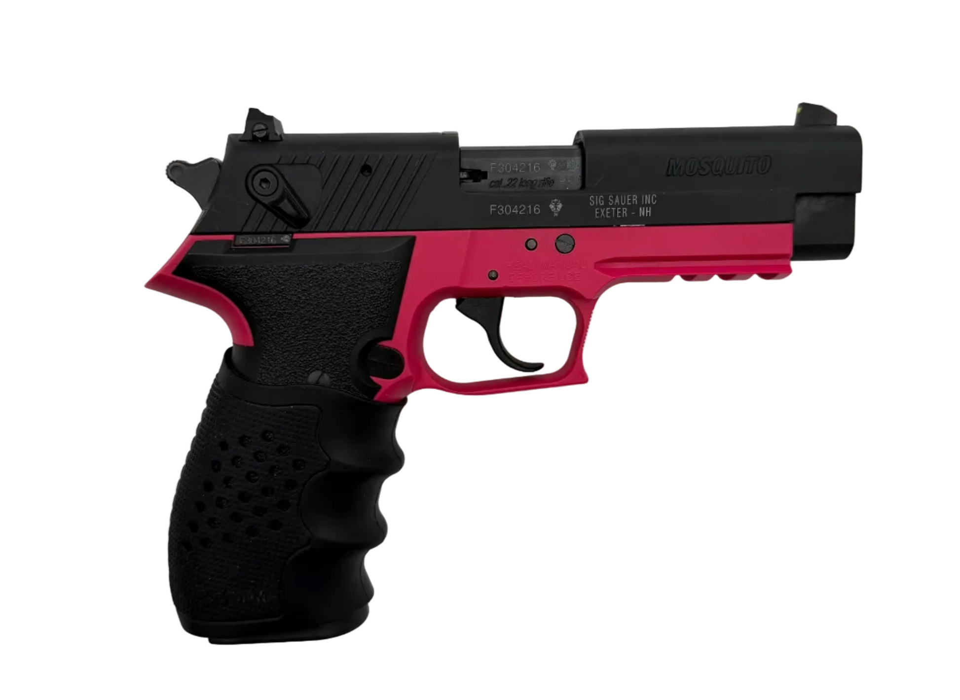 Sig Sauer Mosquito 22LR semi-auto pistol with black finish and ergonomic grip, shown from a side angle.
