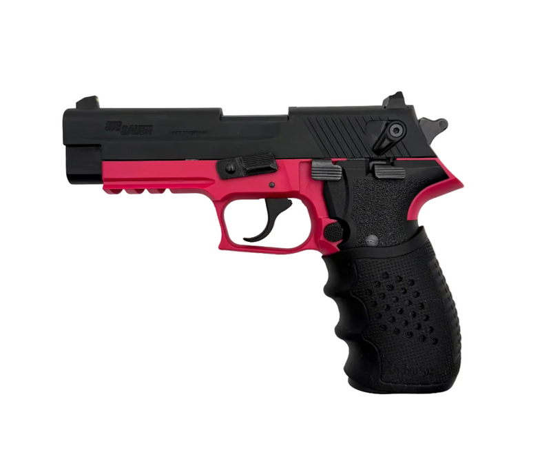 Sig Sauer Mosquito 22LR semi-auto pistol with black grip and stainless steel barrel, shown from a side angle.