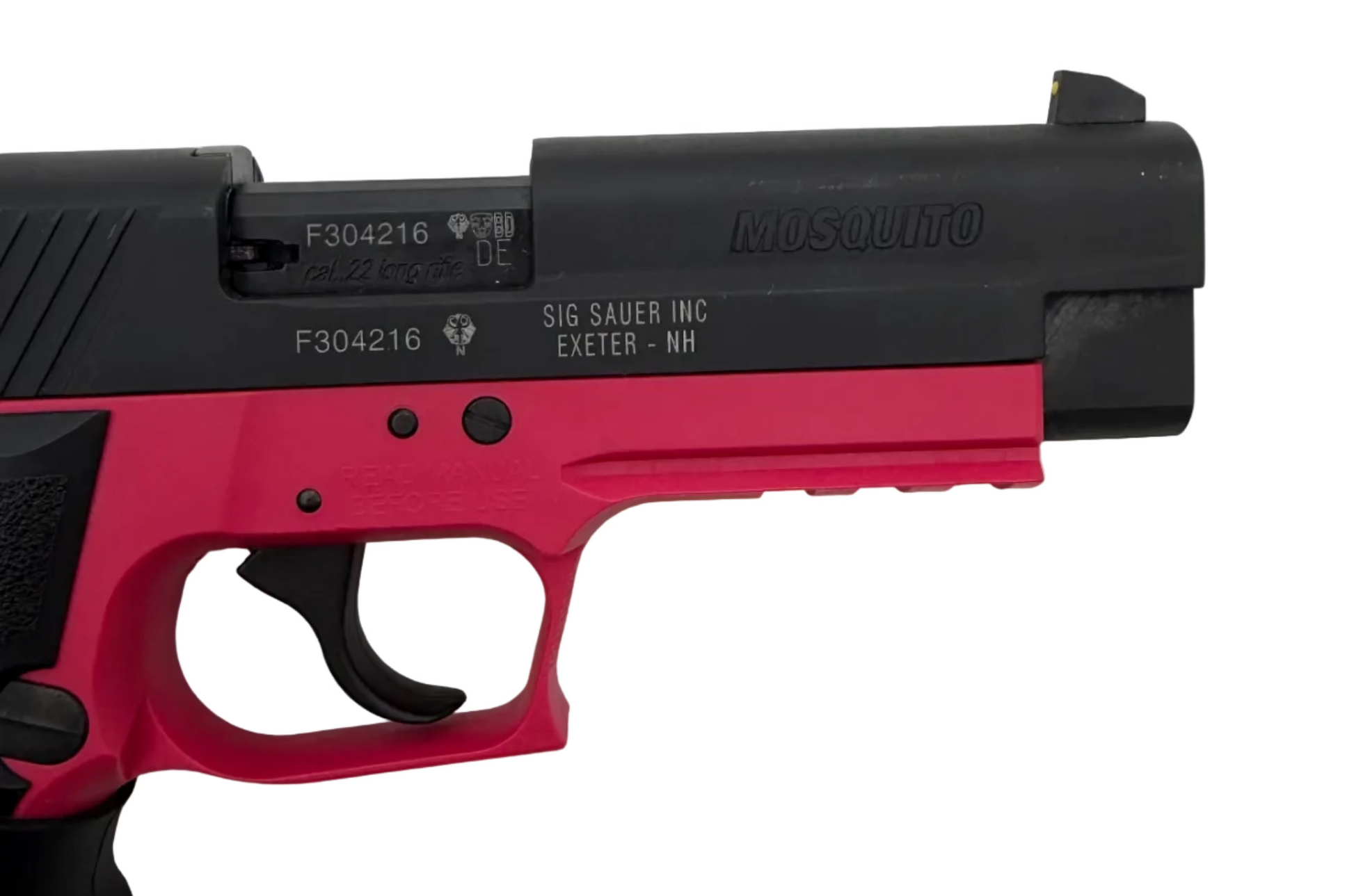 Sig Sauer Mosquito 22LR semi-auto pistol with black polymer grip and stainless steel barrel, shown in a close-up view.