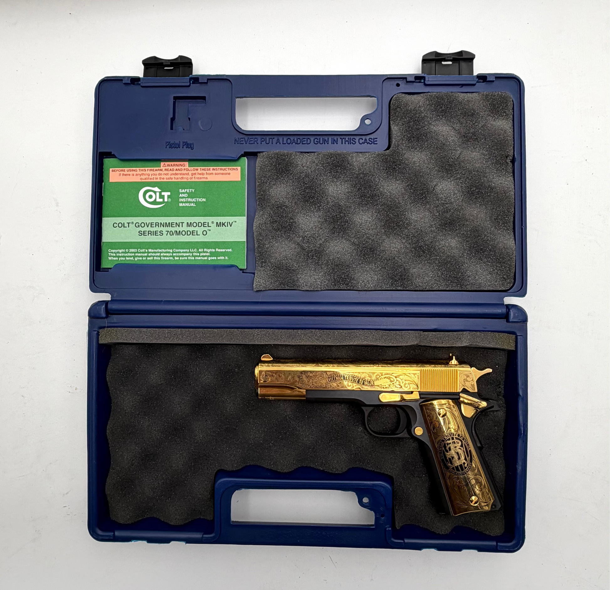 Colt Government 70 Series Vietnam Tribute .45 ACP semi-auto pistol with commemorative design and intricate detailing.