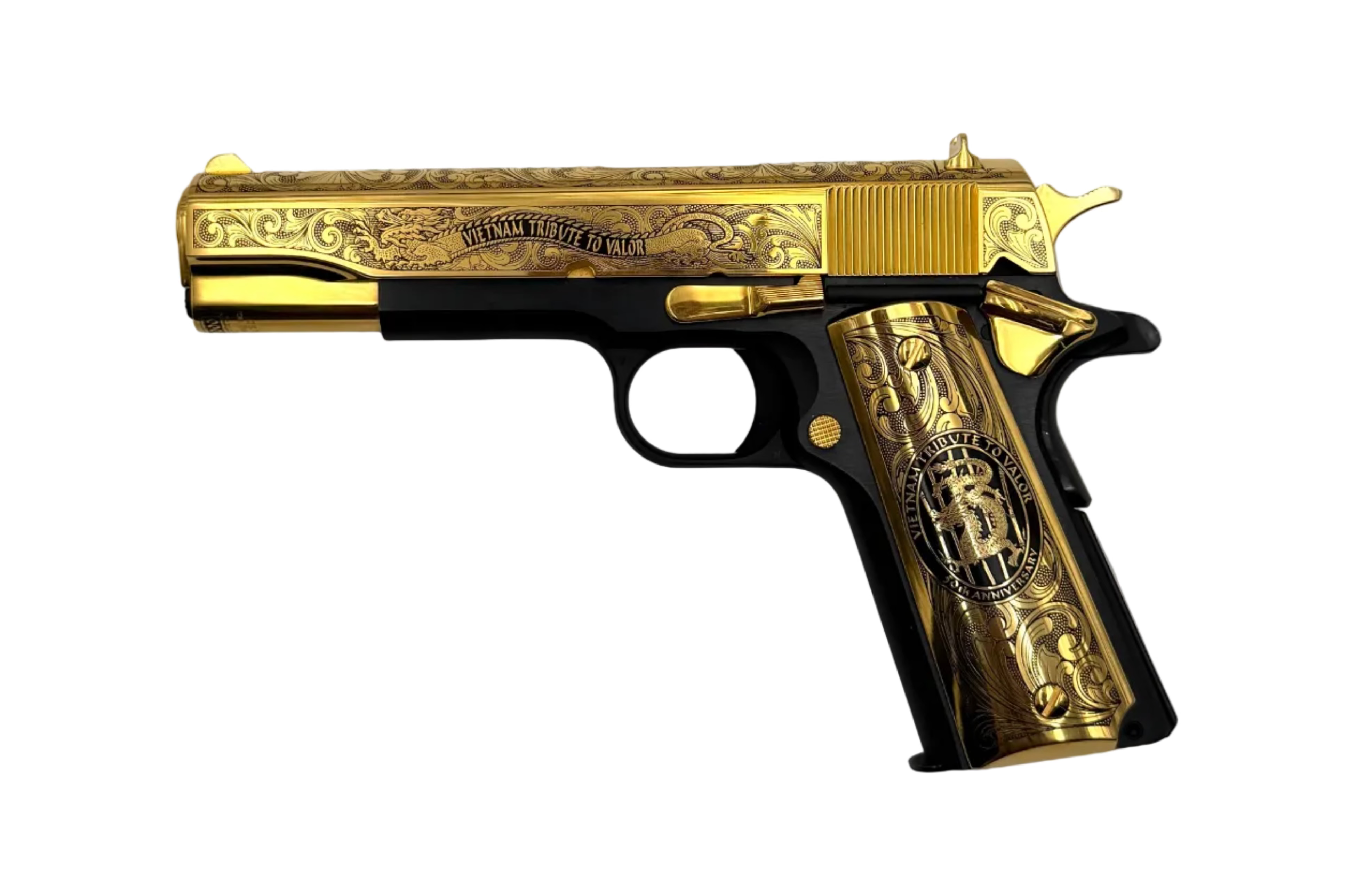 Colt Govt 70 Series 50th Anniversary Vietnam Tribute .45 ACP semi-auto pistol with engraved finish and wooden grips.