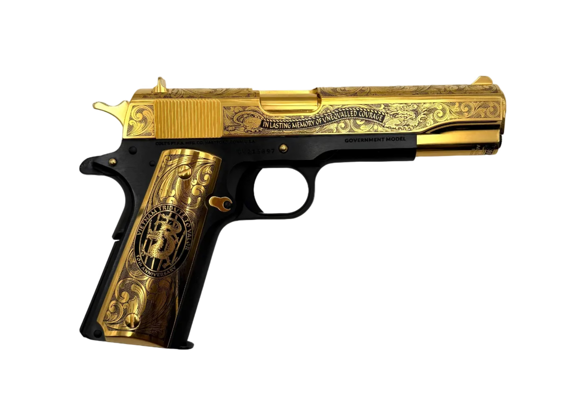 Colt Govt 70 Series Vietnam Tribute .45 ACP semi-auto pistol with engraved details and military-inspired design.