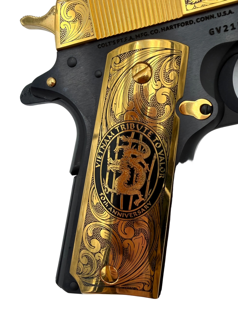 Colt Govt 70 Series Vietnam Tribute .45 ACP semi-auto pistol with engraved details and commemorative design, displayed on a neutral background.