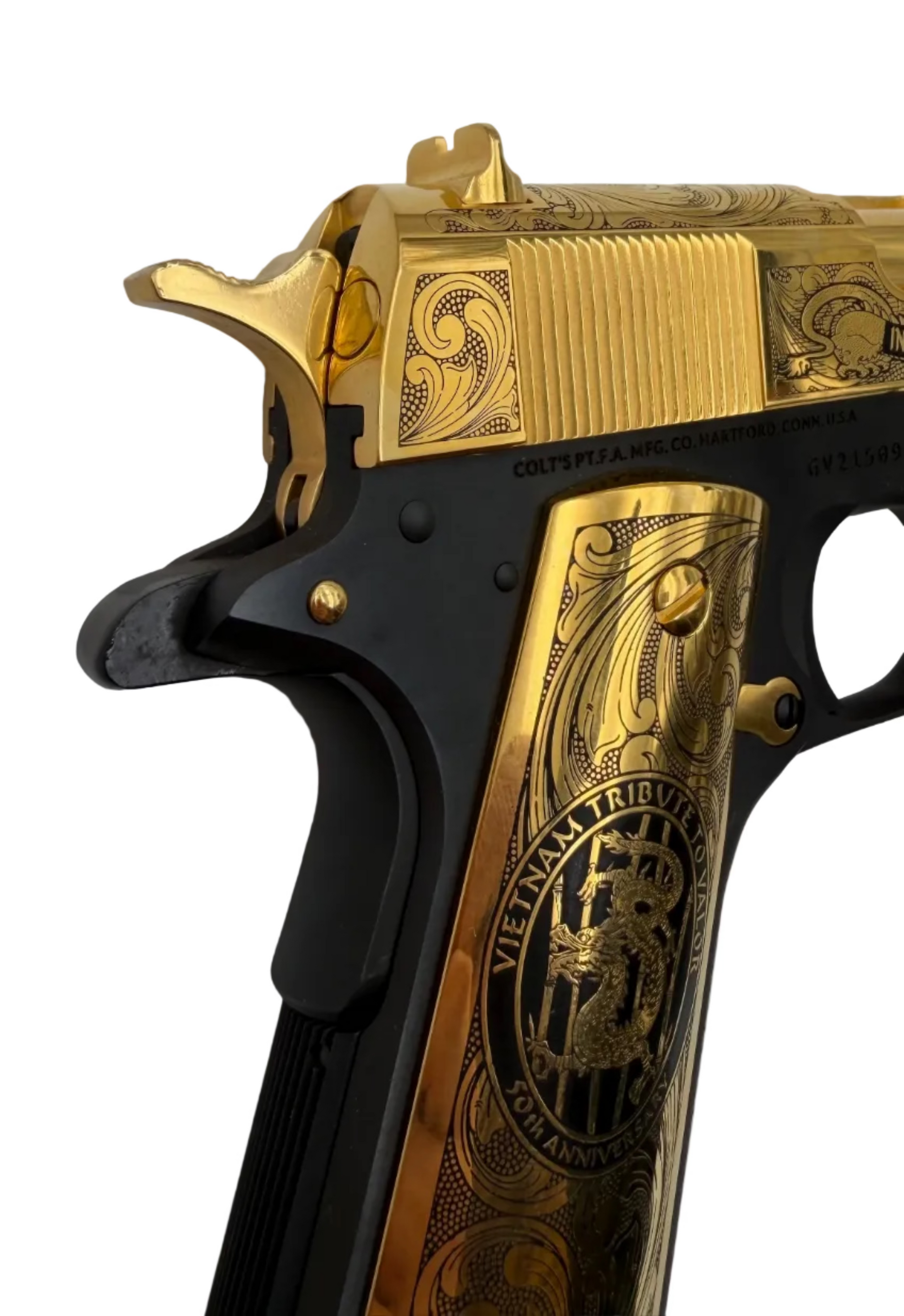Colt Govt 70 Series Vietnam Tribute semi-auto pistol in .45 ACP, featuring a detailed commemorative design and textured grip.