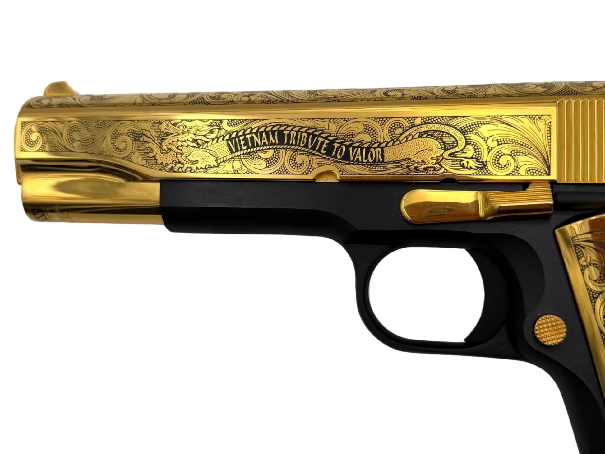 Colt Govt 70 Series Vietnam Tribute .45 ACP semi-auto pistol displayed with engraved details and black grips.