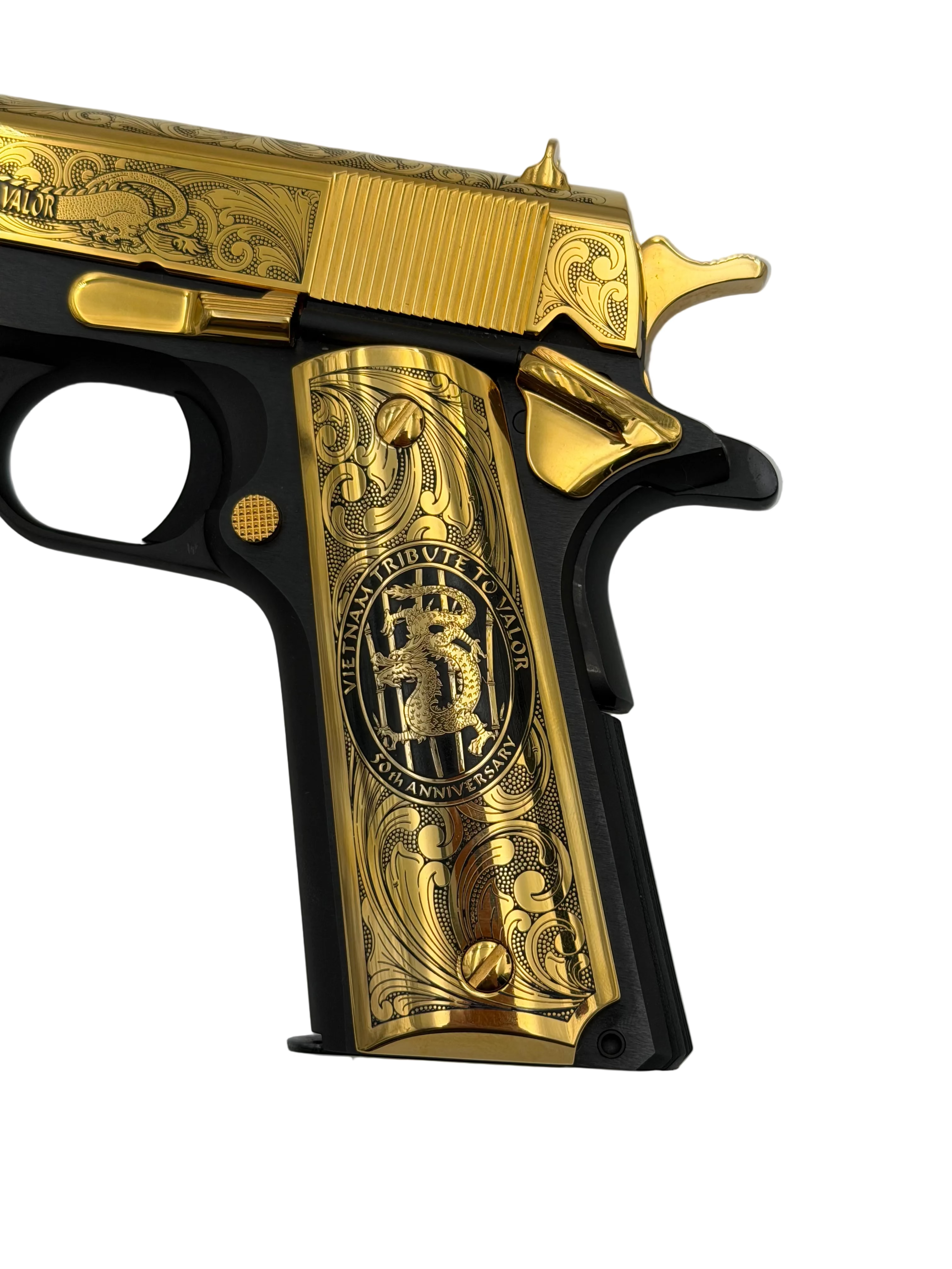 Colt Govt 70 Series Vietnam Tribute .45 ACP semi-auto pistol with engraved details and military-inspired design.