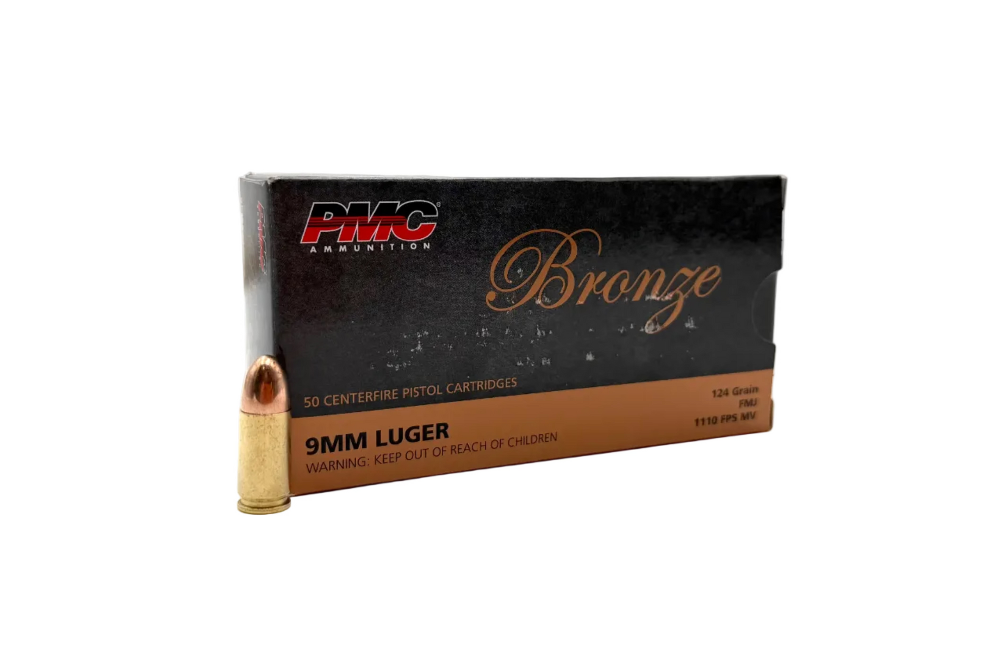 Box of PMC Ammunition Bronze 9mm 124gr FMJ bullets, 50 count, with brass casings, suitable for target shooting and practice.