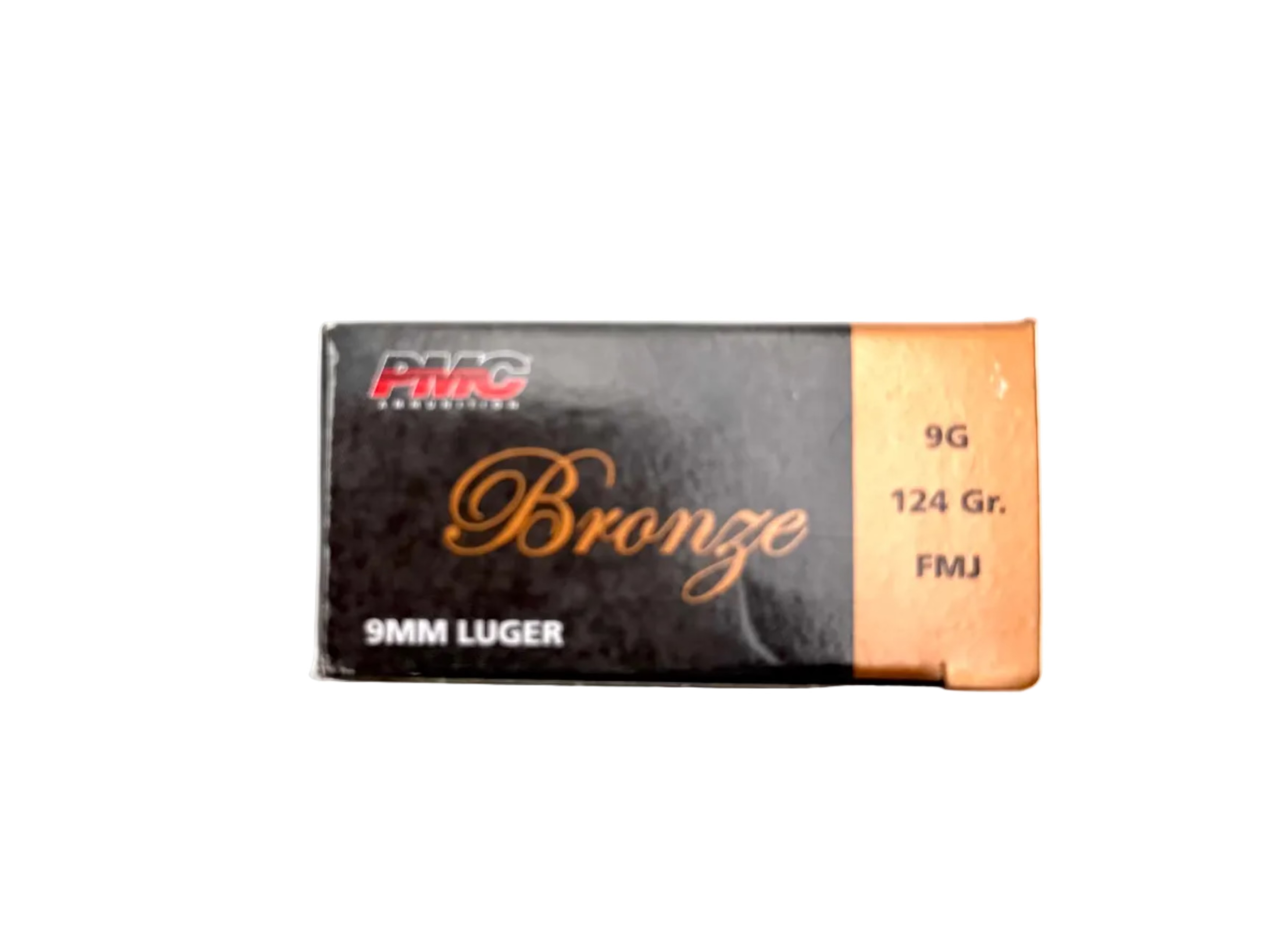 PMC Ammunition bronze 9mm 124gr FMJ bullets, 50-round box, with 223 Rem ammo packaging and brass casings visible.