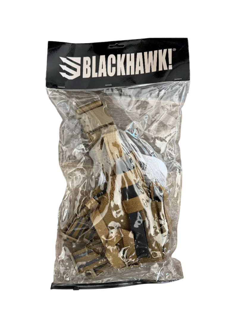Blackhawk Omega VI Elite Dropleg Holster in coyote tan showing secure fit and adjustable straps for tactical handgun carry.