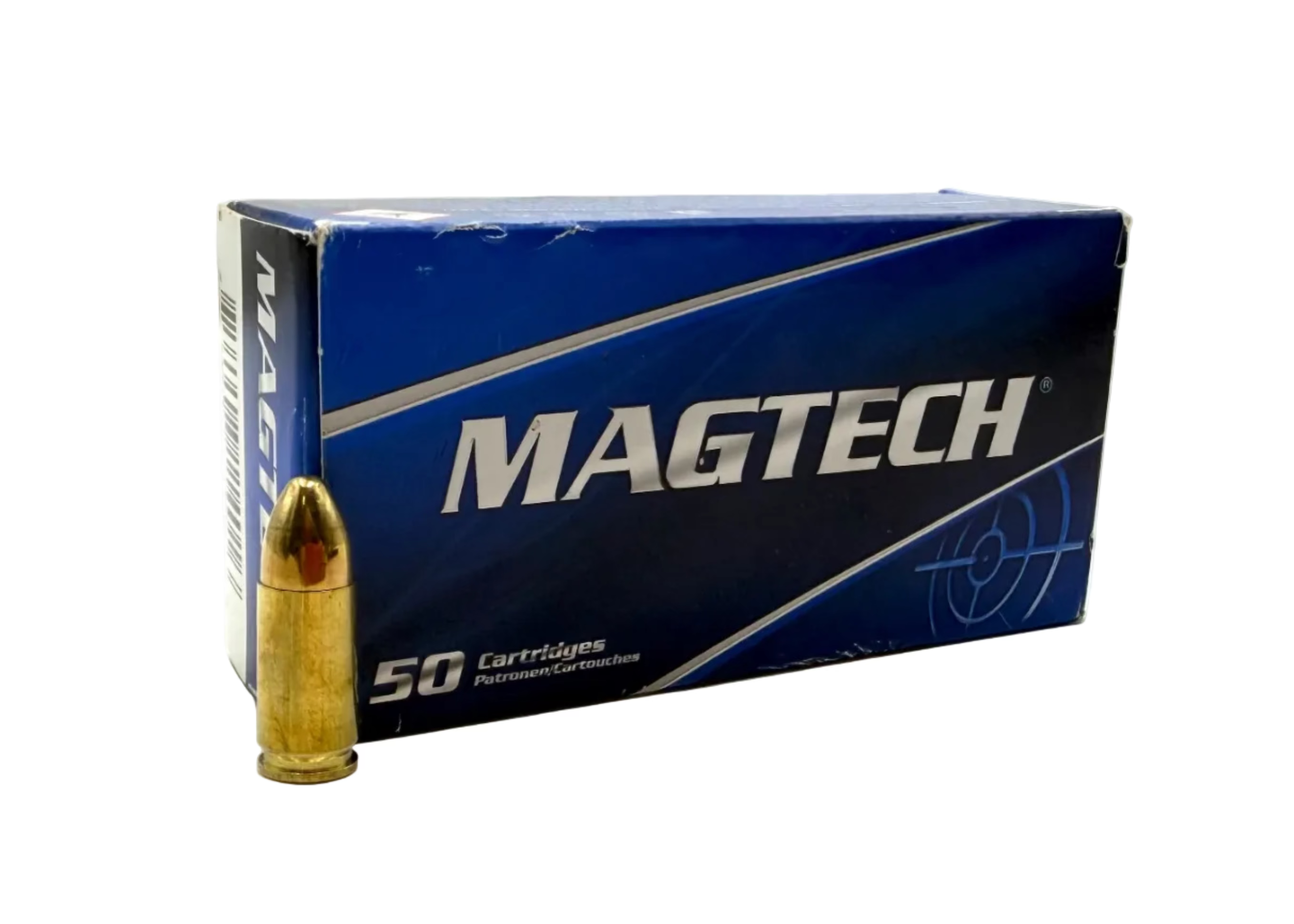 Magtech 9mm Luger 115gr FMJ ammunition box with 50 rounds, showing the branded packaging and bullets.