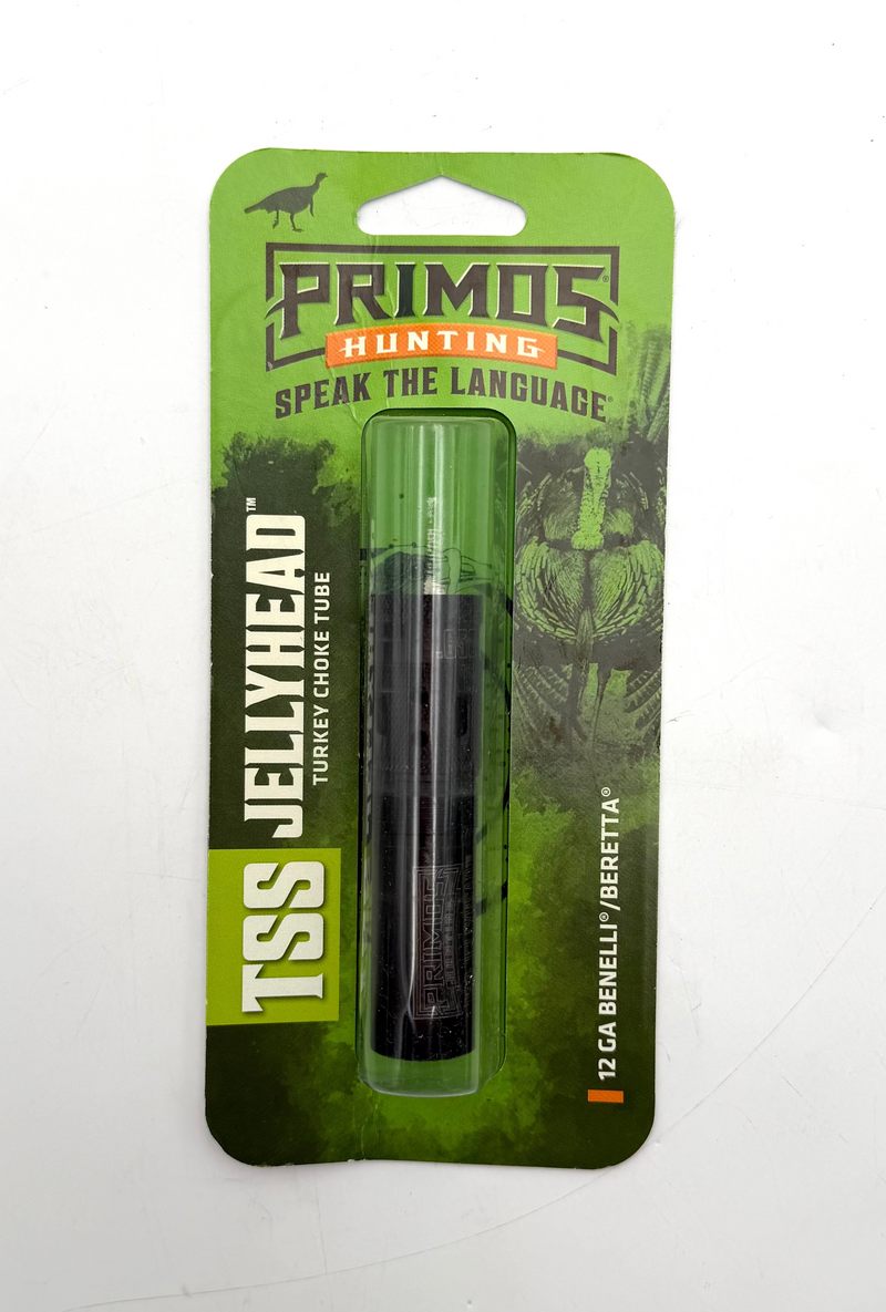 Primos Hunting TSS Jelly Head turkey choke tube for 12 gauge Benelli or Beretta shotguns, with a constricted design for precise turkey hunting.