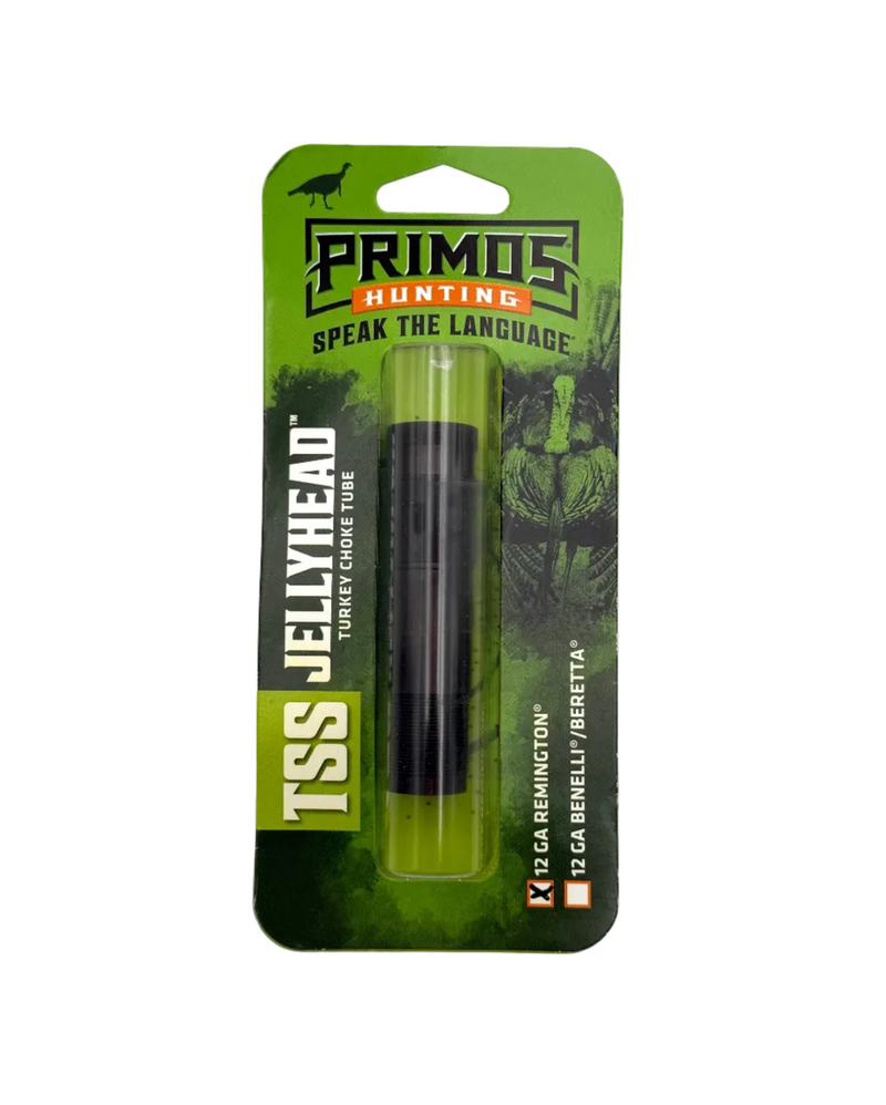 Primos Hunting TSS Jelly Head turkey choke tube for 12 gauge Remington shotguns, shown installed in a firearm.