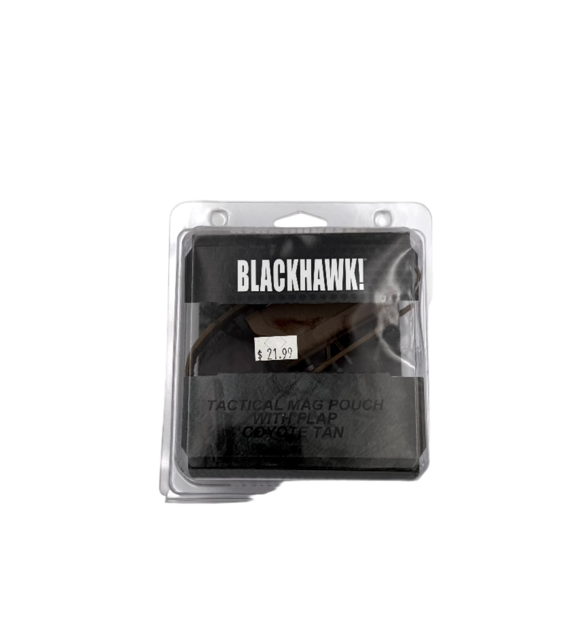 Blackhawk tactical mag pouch with flap in coyote tan, designed for secure magazine storage and quick access.
