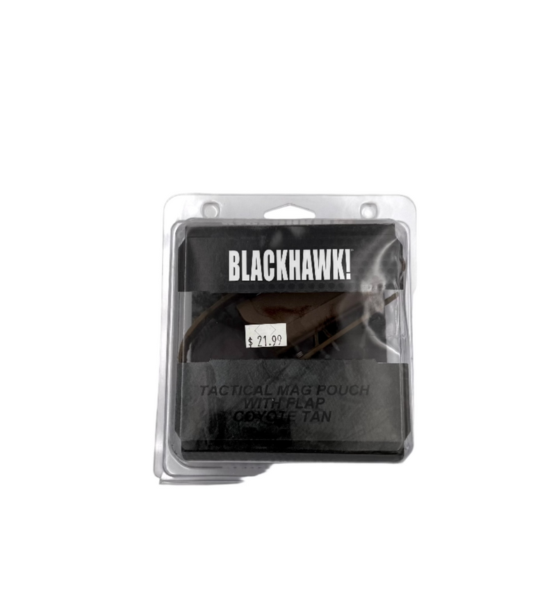 Blackhawk tactical mag pouch with flap in coyote tan, designed for secure magazine storage and quick access.