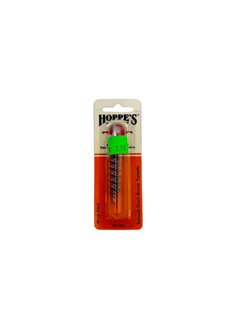 Hoppe's 9 Tornado .40 caliber pistol bore brush with twisted wire bristles for cleaning firearm barrels.
